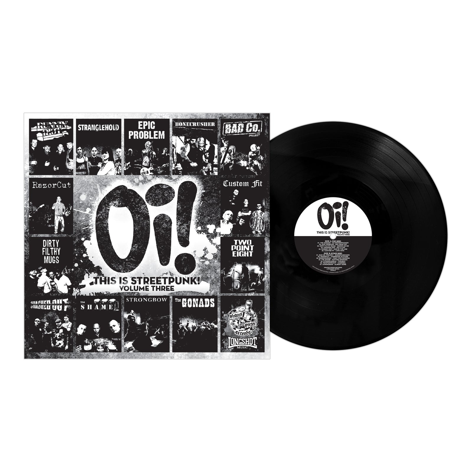 A black vinyl record slides from its white and black cover, displaying Oi! This is Streetpunk! Volume Three with a collage of band photos—an authentic Oi! compilation by Pirates Press Records.