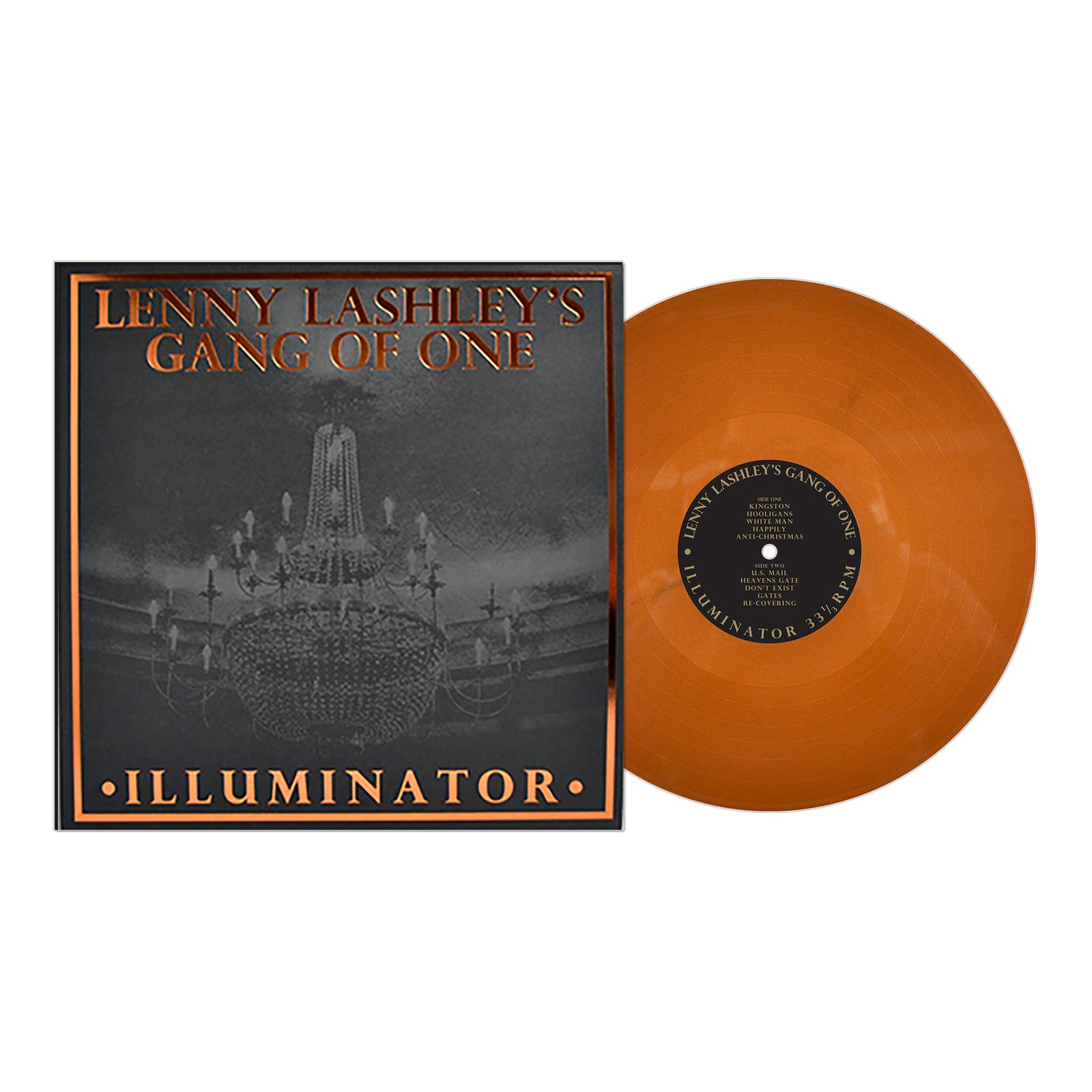 An orange vinyl record and album cover for Lenny Lashley’s Gang Of One – Illuminator, featuring a black-and-white chandelier image, is a must-have collectible for any fan of Lenny Lashley or Bouncing Souls.