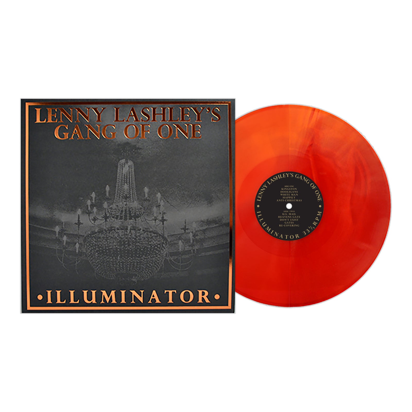 A red and orange marbled vinyl peeks from a dark cover reading Lenny Lashleys Gang Of One – Illuminator in orange above a chandelier image. Lenny Lashley is also known for his work with Street Dogs.