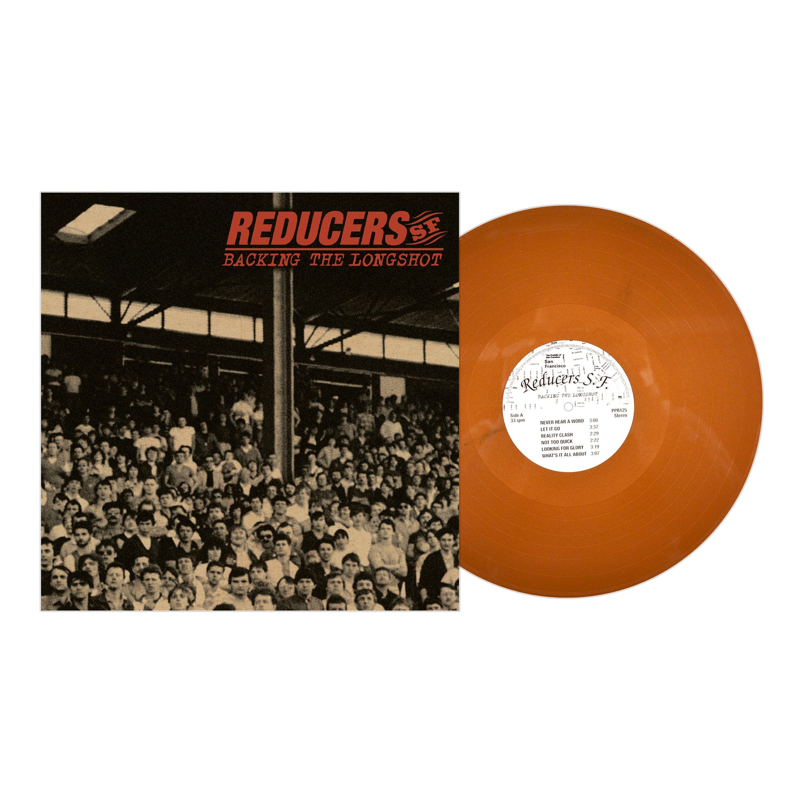 An orange vinyl record by Reducers S.F sits next to its cover, which shows a black-and-white photo of a packed stadium crowd with the album title Backing The Longshot in bold red letters at the top.