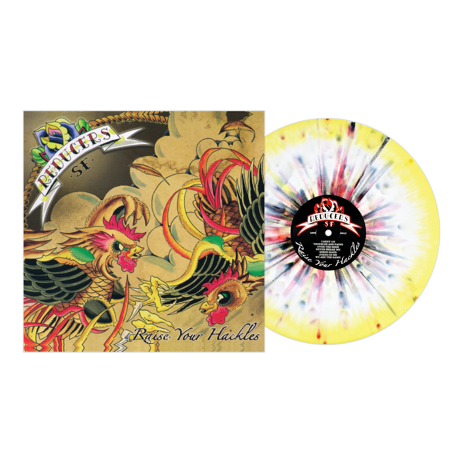 An album cover with vibrant tattoo-style fighting birds and Reduce Your Hackles text next to a yellow, white, and red splatter street punk vinyl. The Reducers S.F. band logo is on the record label. Brand: Reducers S.F.