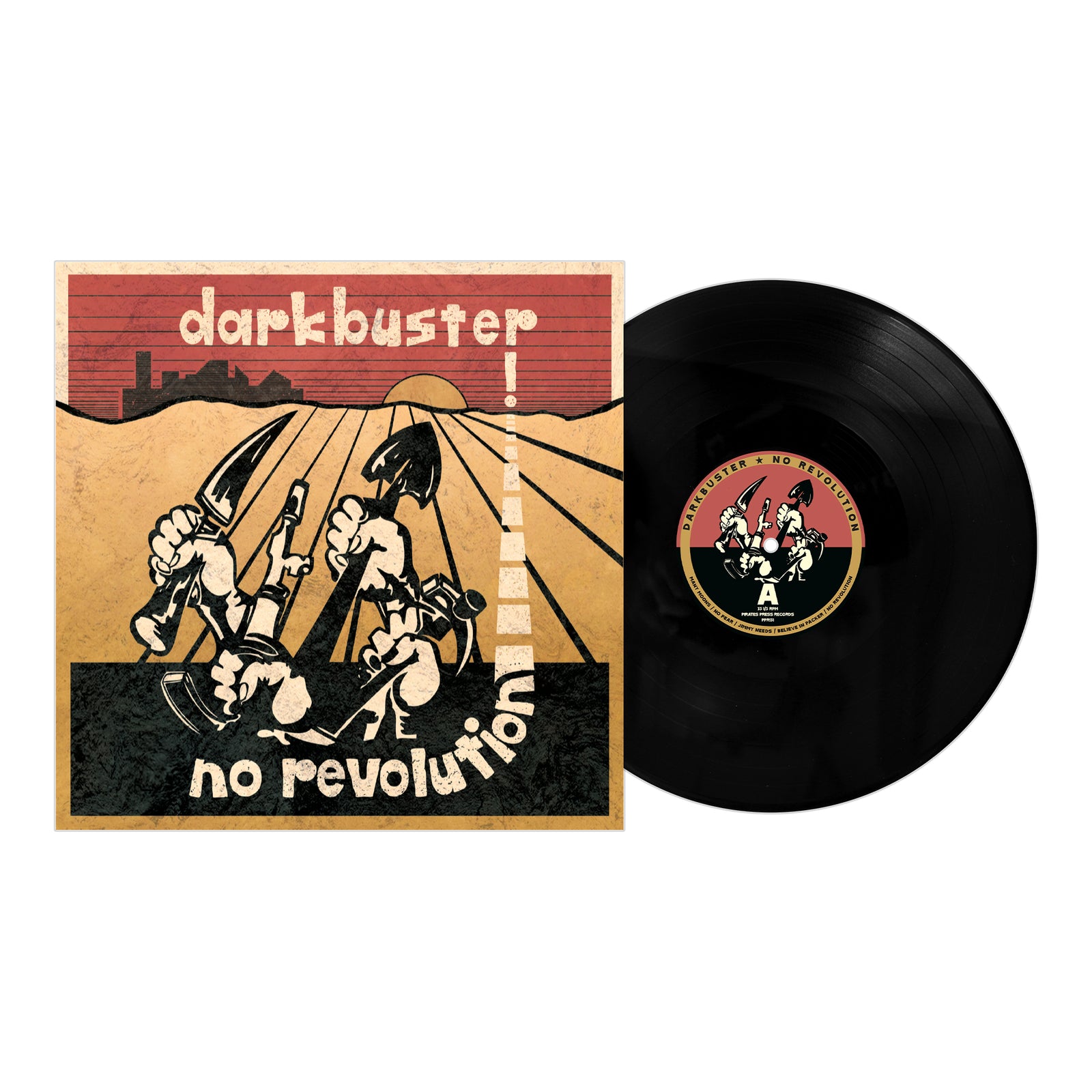 Vinyl record of No Revolution by The New Darkbuster, featuring a cartoon cover with figures holding shovels on a red, tan, and black background. The bands bold name is displayed at the top.