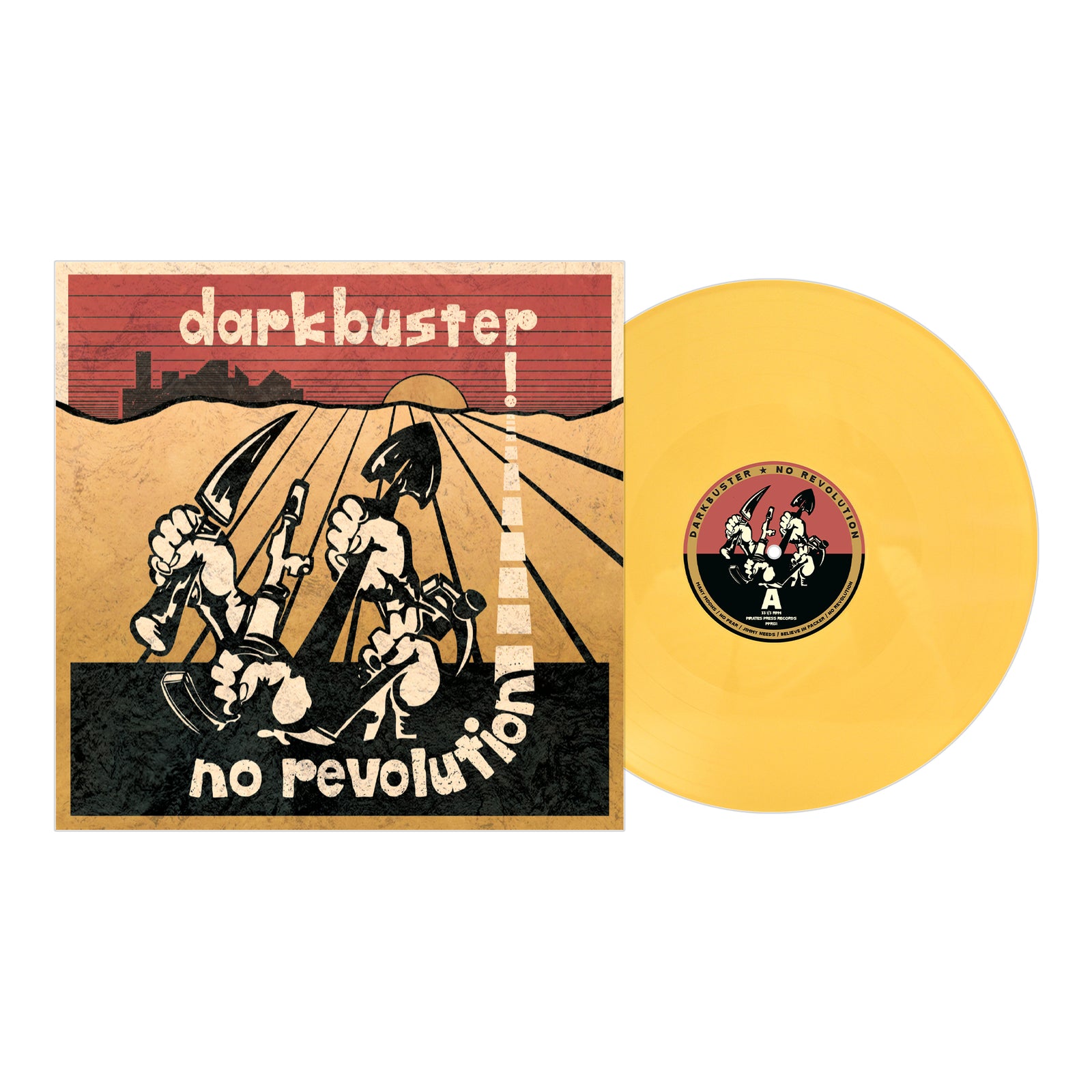 A yellow vinyl record beside its cover, which displays cartoon figures with shovels, a city silhouette, and darkbuster no revolution on red and beige—a Boston punk classic from The New Darkbuster.