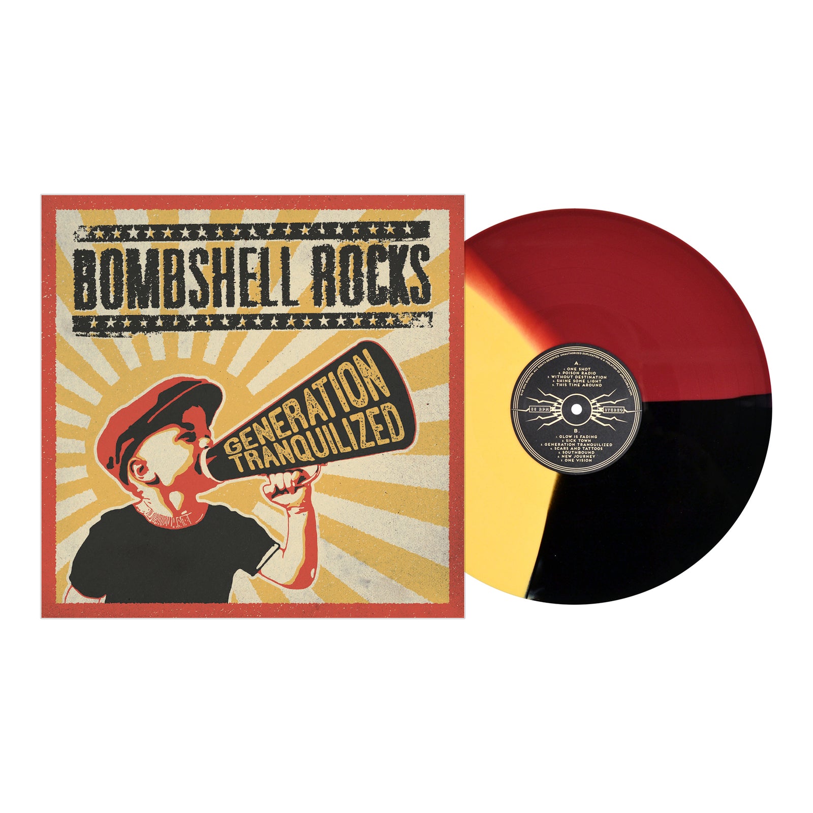 A Bombshell Rocks vinyl with red, yellow, and black sections sits beside its cover showing a person in a cap shouting into a megaphone. Bold stencil text reads Bombshell Rocks – Generation Tranquilized, showcasing the bands iconic streetpunk style.