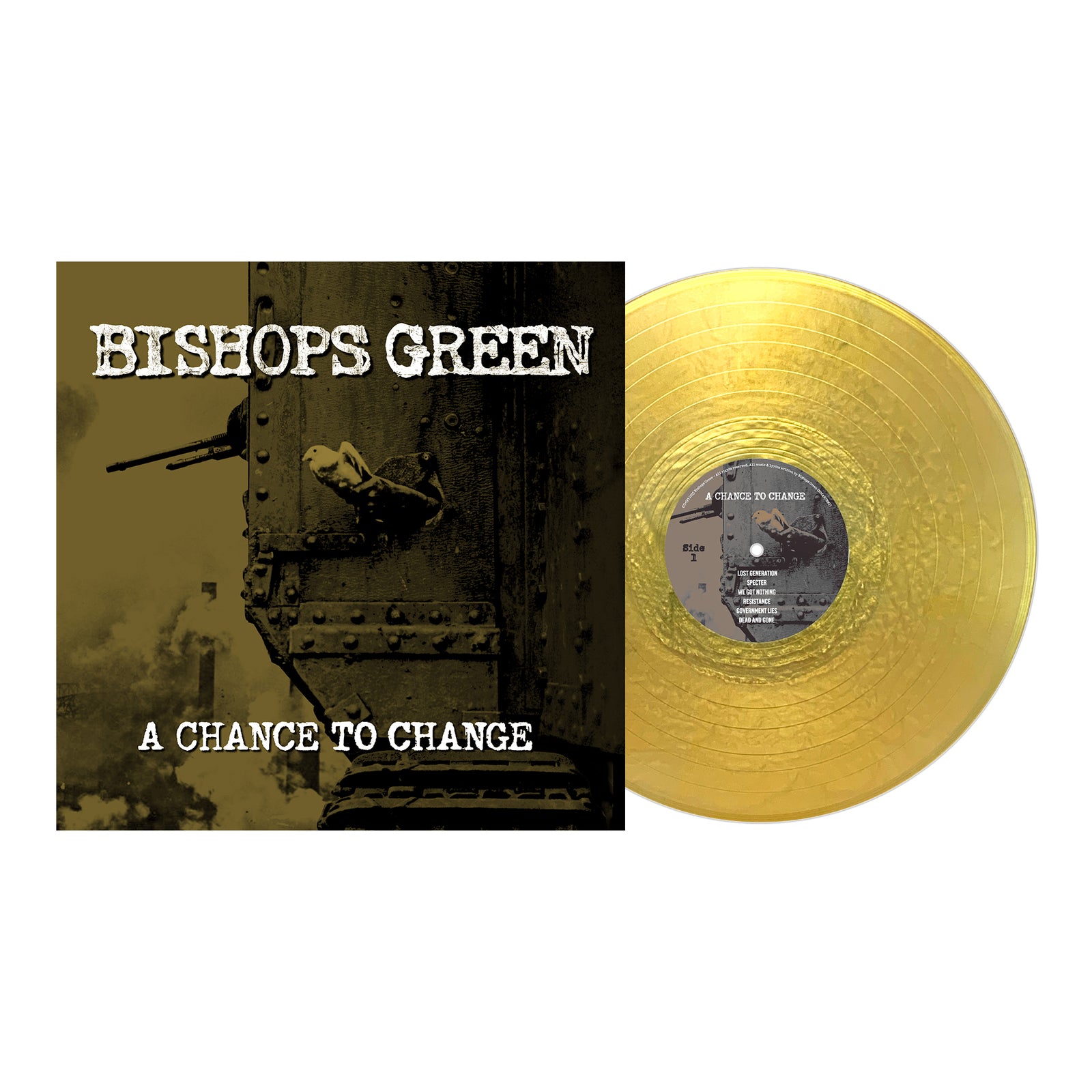 A yellow vinyl record by Bishops Green titled A Chance to Change, with a cover showing a sepia image of someone in an armored vehicle—classic punk rock highlighting gritty political themes.