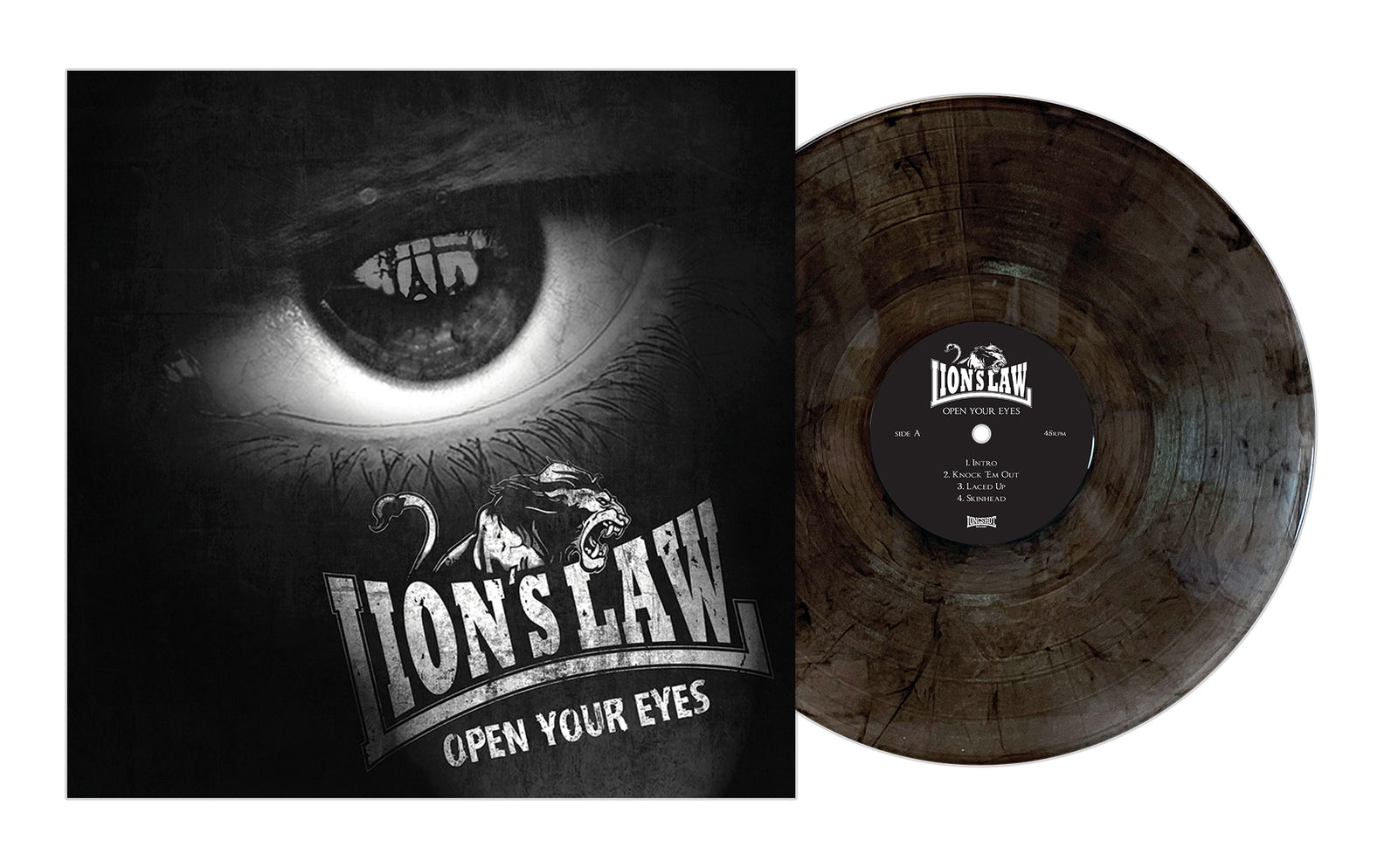A dark marbled vinyl record sits by its cover, showcasing a bold eye above the Lions Law Open Your Eyes logo—a roaring lion design inspired by classic skinhead streetpunk and Oi! bands.