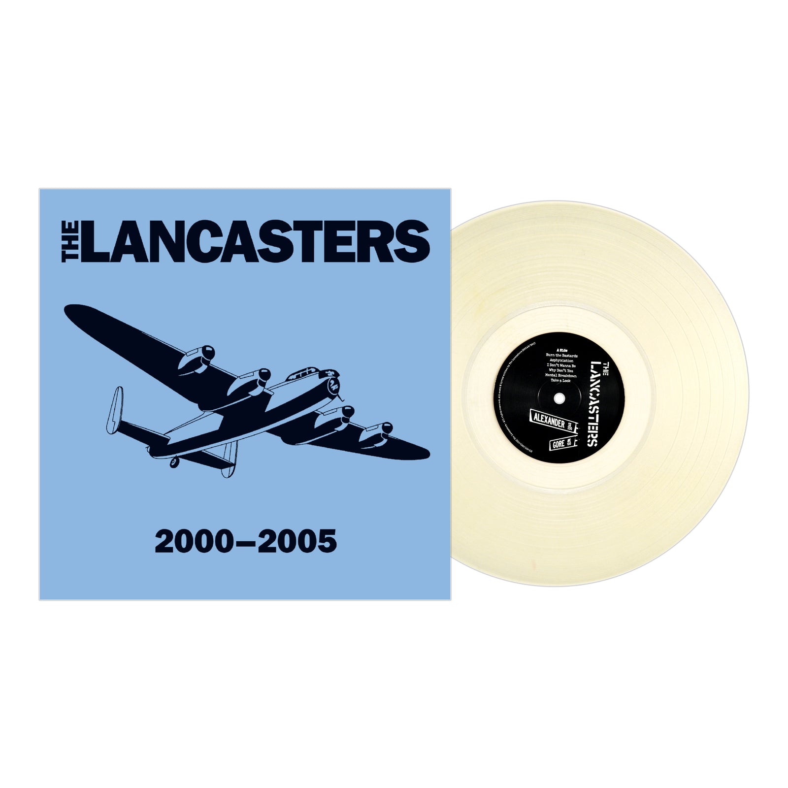 A translucent vinyl record beside a blue album cover featuring a black bomber plane and THE LANCASTERS 2000–2005 in bold, representing the street punk band Lancasters from Vancouver, Canada.