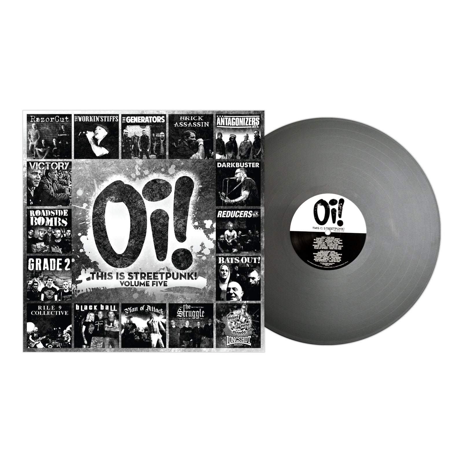 A gray 12” record from Pirates Press Records is partially out of a black-and-white Oi! (This Is Streetpunk!) Volume Five cover, surrounded by band photos, logos, and featuring top streetpunk Oi! tracks.