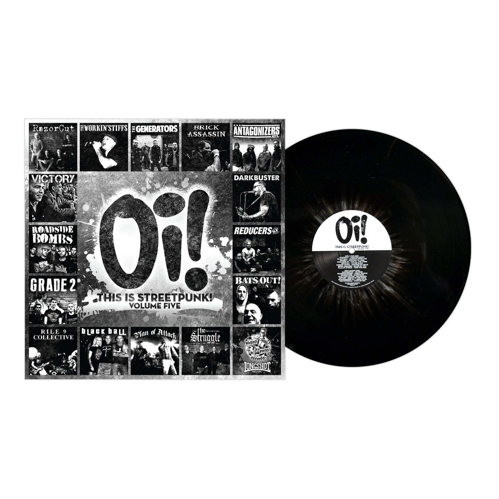 A black 12" vinyl record from Pirates Press Records is partly slid out from its black-and-white cover, which displays "Oi! (This Is Streetpunk!) Volume Five" and a collage of various punk band logos and album titles.