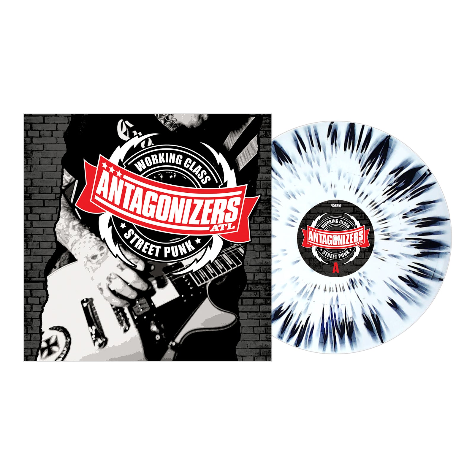 Antagonizers ATL's "Working Class Street Punk" album features a black-and-white guitarist cover capturing Atlanta streetpunk energy. Includes white vinyl with blue and black splatter, ideal for punk rock fans. Brand: Antagonizers ATL.