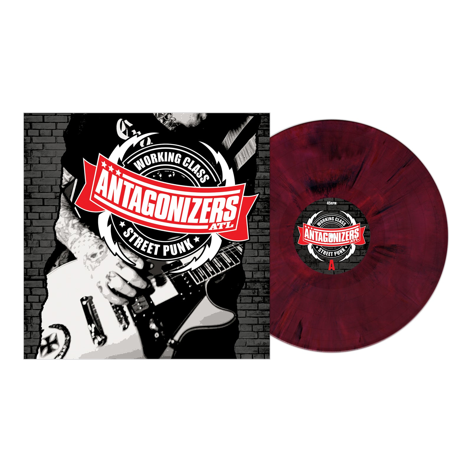 Album cover for "Working Class Street Punk" by Antagonizers ATL, showing a tattooed guitarist against a brick wall, next to a maroon marbled vinyl with the album’s label.