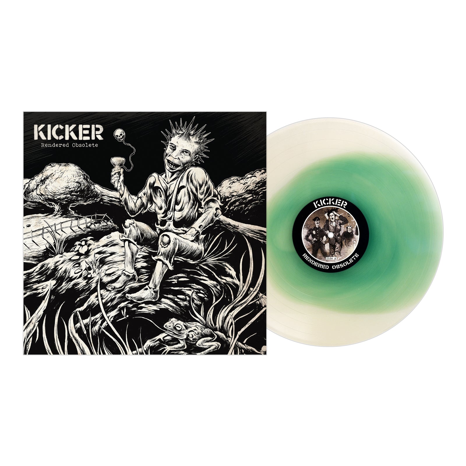 Kicker's "Rendered Obsolete" album cover shows a black & white illustration of a grinning, spiky-haired figure with a severed arm. The vinyl is white with a green center and includes a digital download.
