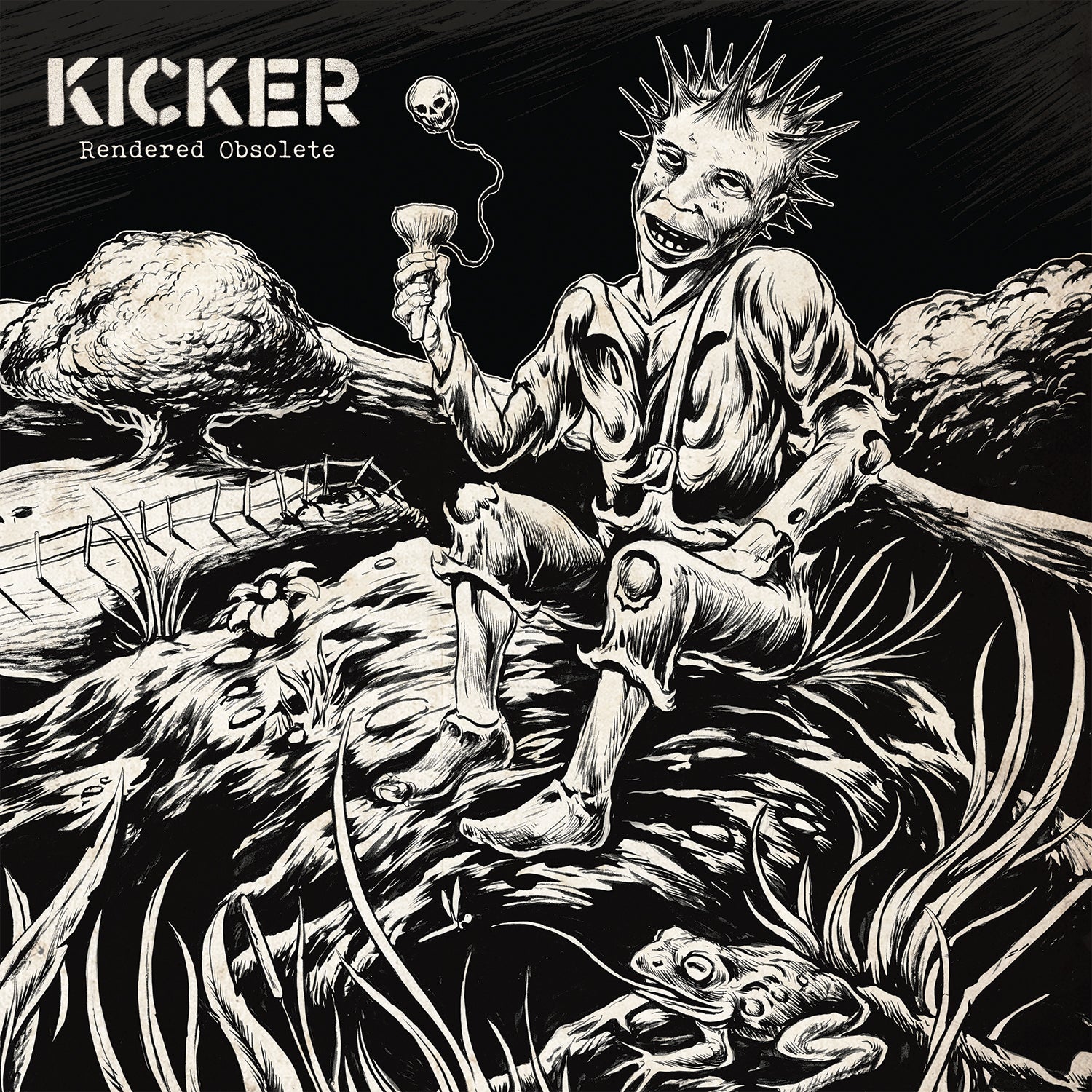 Black-and-white art shows a grinning, spiky-haired figure in torn clothes by a stream, holding a cup with skull-shaped vapor, with a frog nearby. "Rendered Obsolete," the Kicker album, is featured at top left. Digital download available.