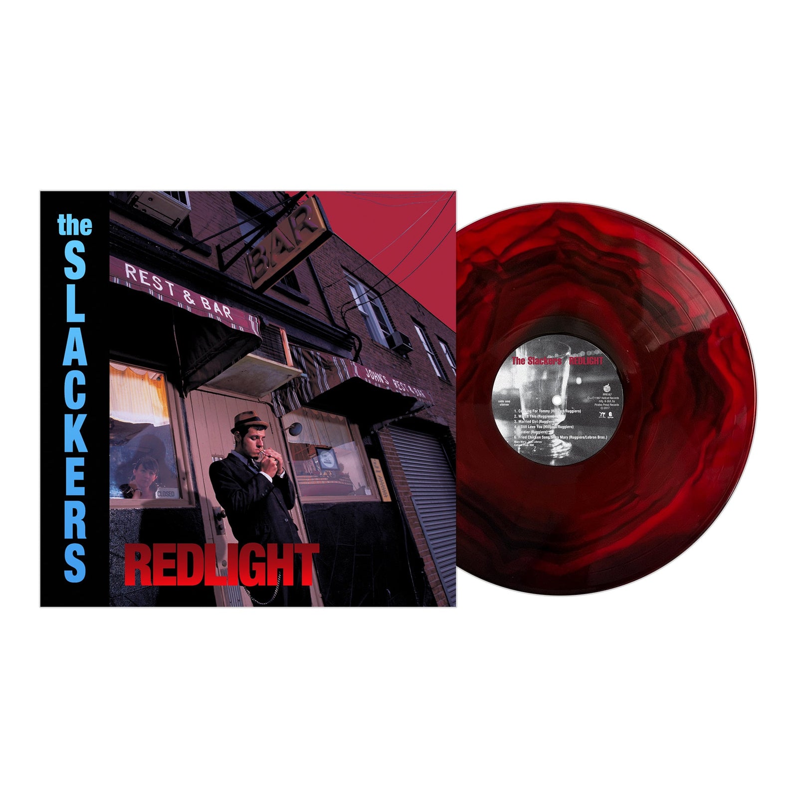 Album cover for The Slackers ska album Redlight shows a man in a suit and hat outside a bar, with the eye-catching red and black marbled Redlight vinyl from The Slackers displayed beside it.