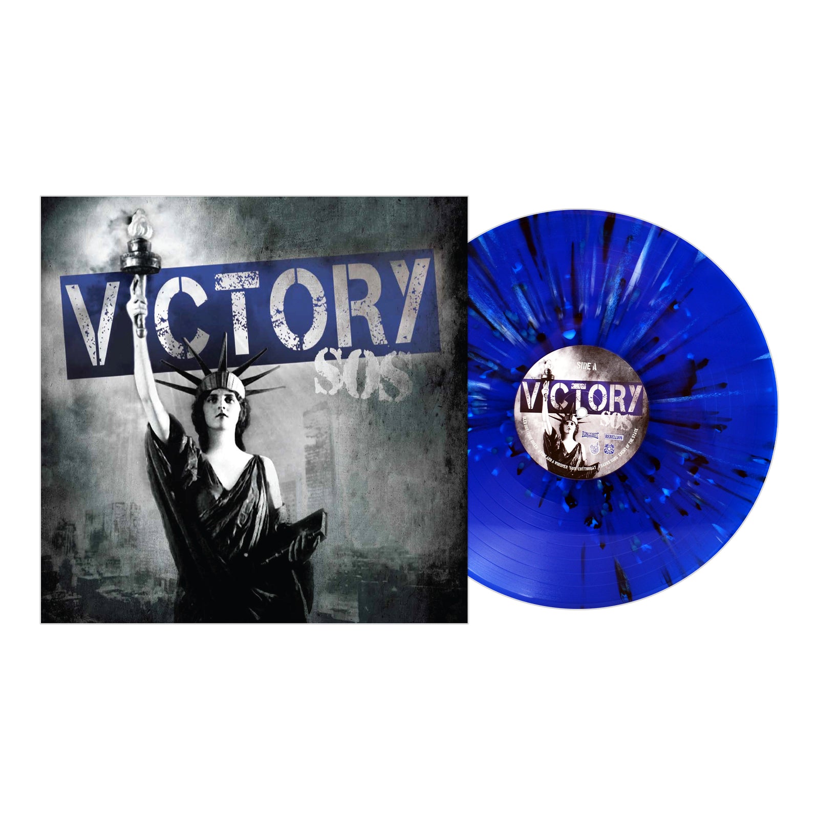 Blue splatter vinyl and album cover for Victory SOS by Victory. Features a grayscale Statue of Liberty with torch, bold VICTORY text on top, capturing classic punk Oi! style.