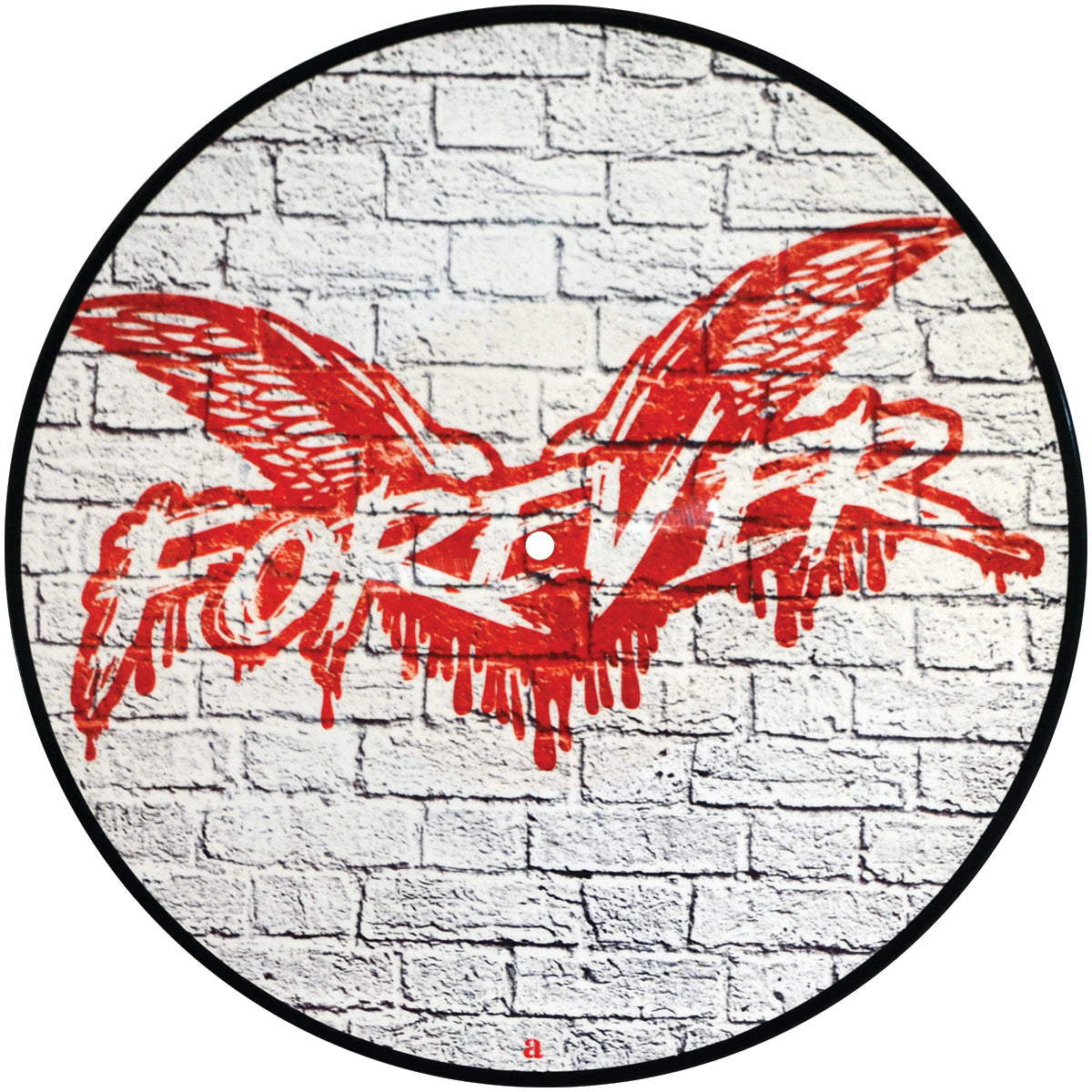 Graffiti art on a white brick wall features red wings and "FOREVER"—a tribute to Cock Sparrer's Forever album—with bold, dripped letters inside a circular frame.