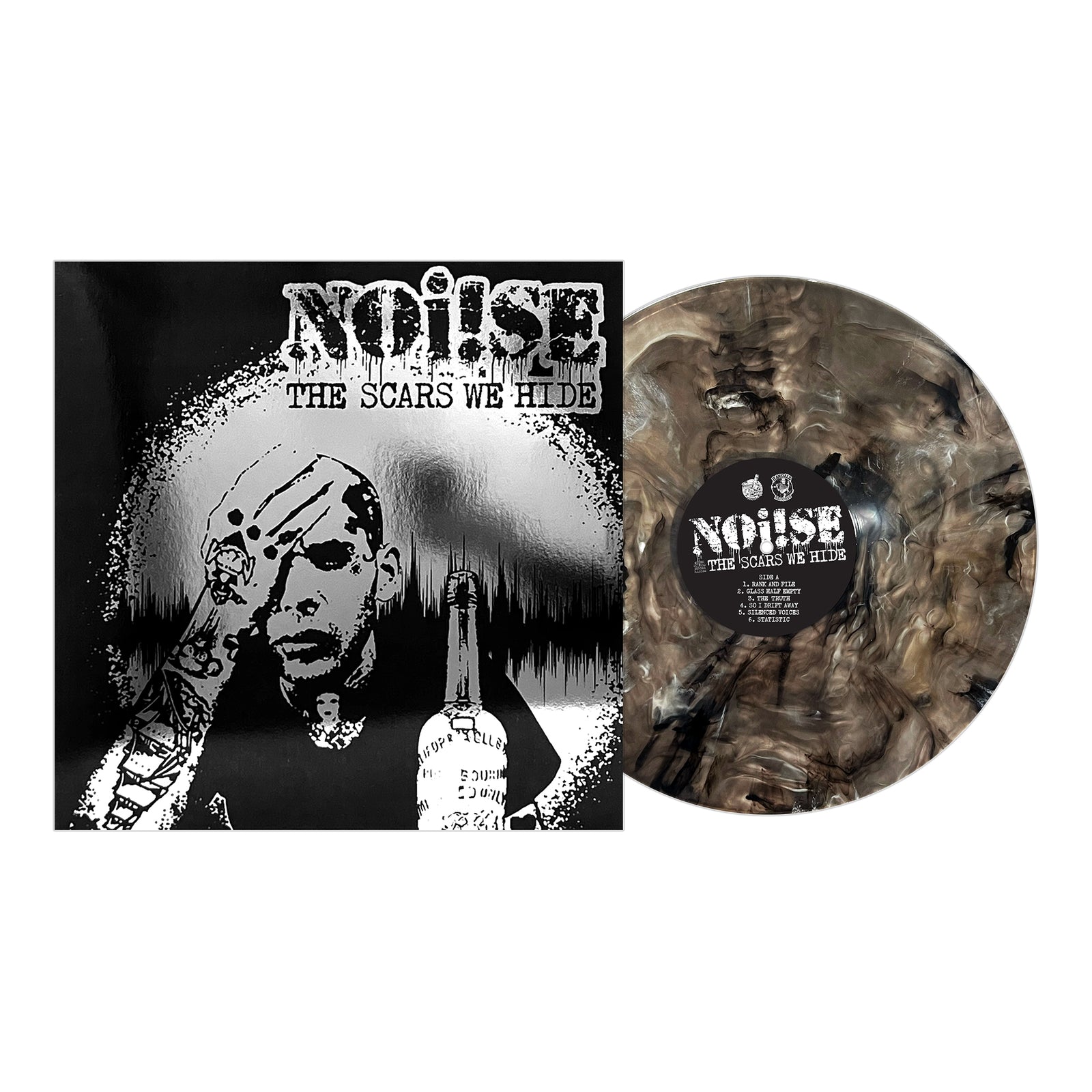 NOi!SE’s re-mastered debut LP, The Scars We Hide, comes with a gritty black-and-white cover showing a distressed, tattooed figure beside a bottle and features standout marbled black and gray vinyl—a classic in the NOi!SE back catalog.