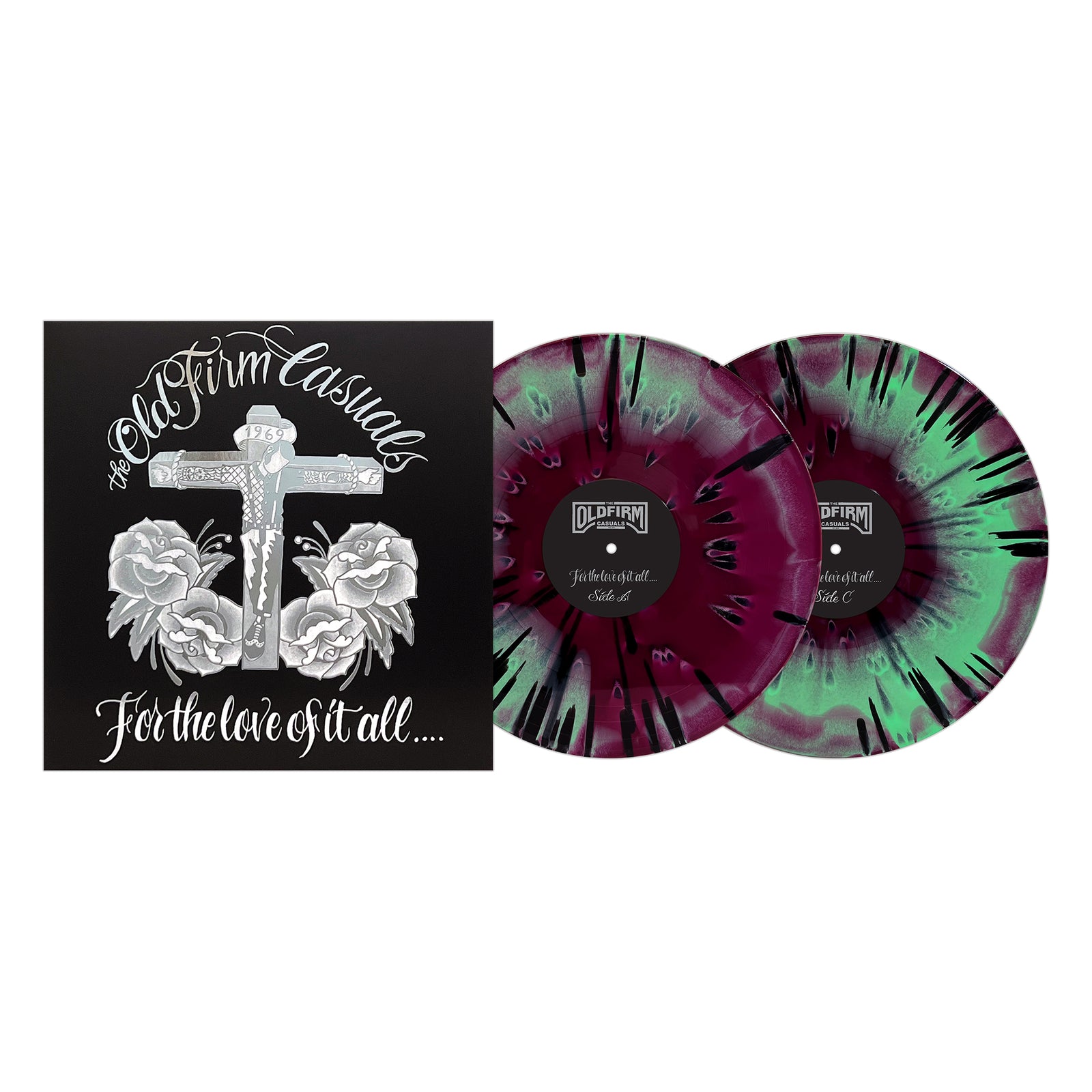 The Old Firm Casuals vinyl set features splattered purple and green records with a black cover displaying a cross, roses, and “THE OLD FIRM CASUALS - For the Love of It All.” Essential for punk rock and Oi! collectors.