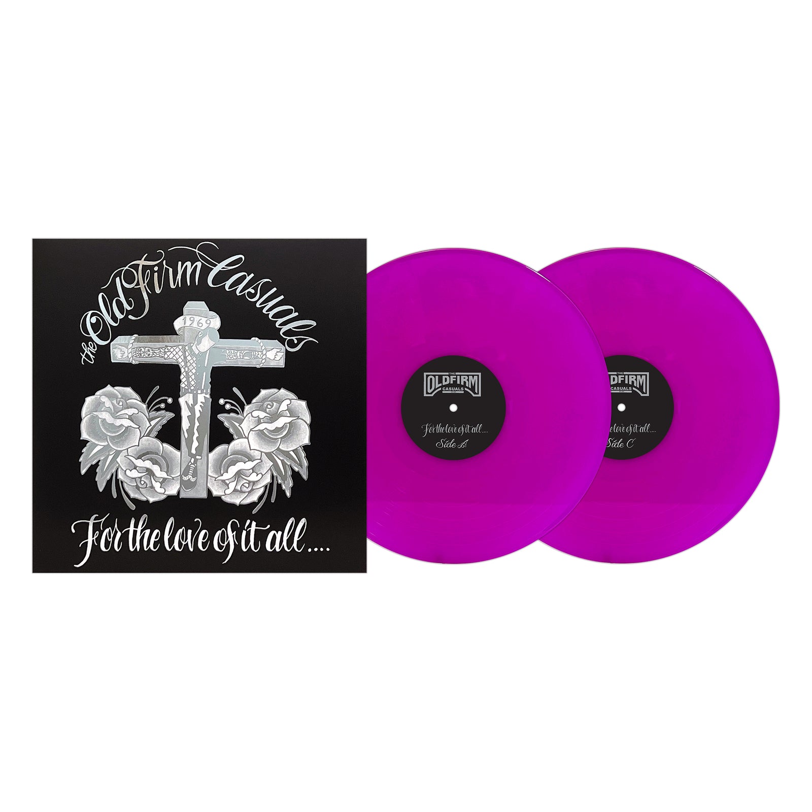 The image shows The Old Firm Casuals’ For the Love of It All... vinyl album, featuring two translucent purple records and a black cover with a cross, roses, and stylized white text.