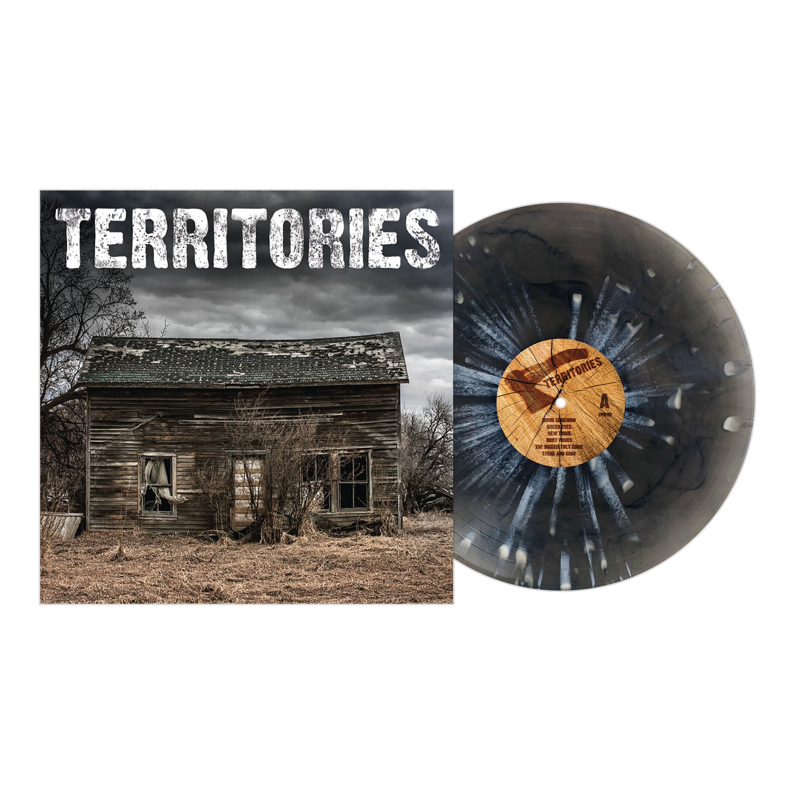 The Territories debut album cover shows a weathered wooden house beneath cloudy skies, alongside a gray marbled vinyl record with white streaks, brown center label, and the artist name Territories.