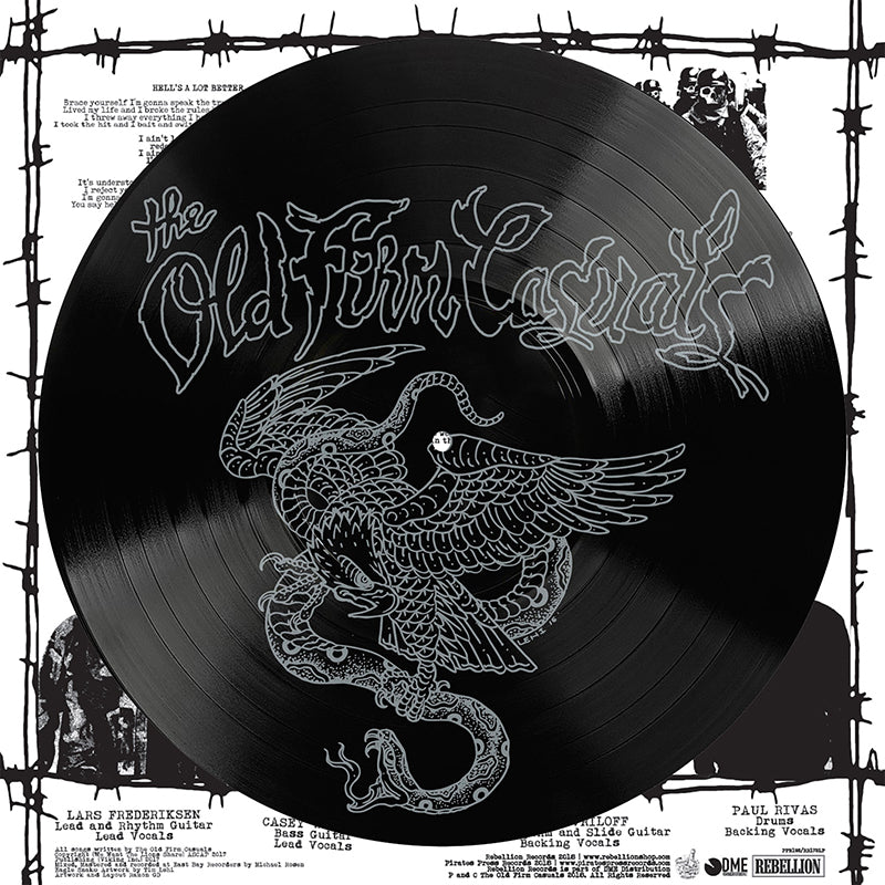 A black 12" vinyl record by The Old Firm Casuals features a detailed dragon design, overlaying a white background with song titles, band credits, barbed wire, and other text from Rebellion Records.