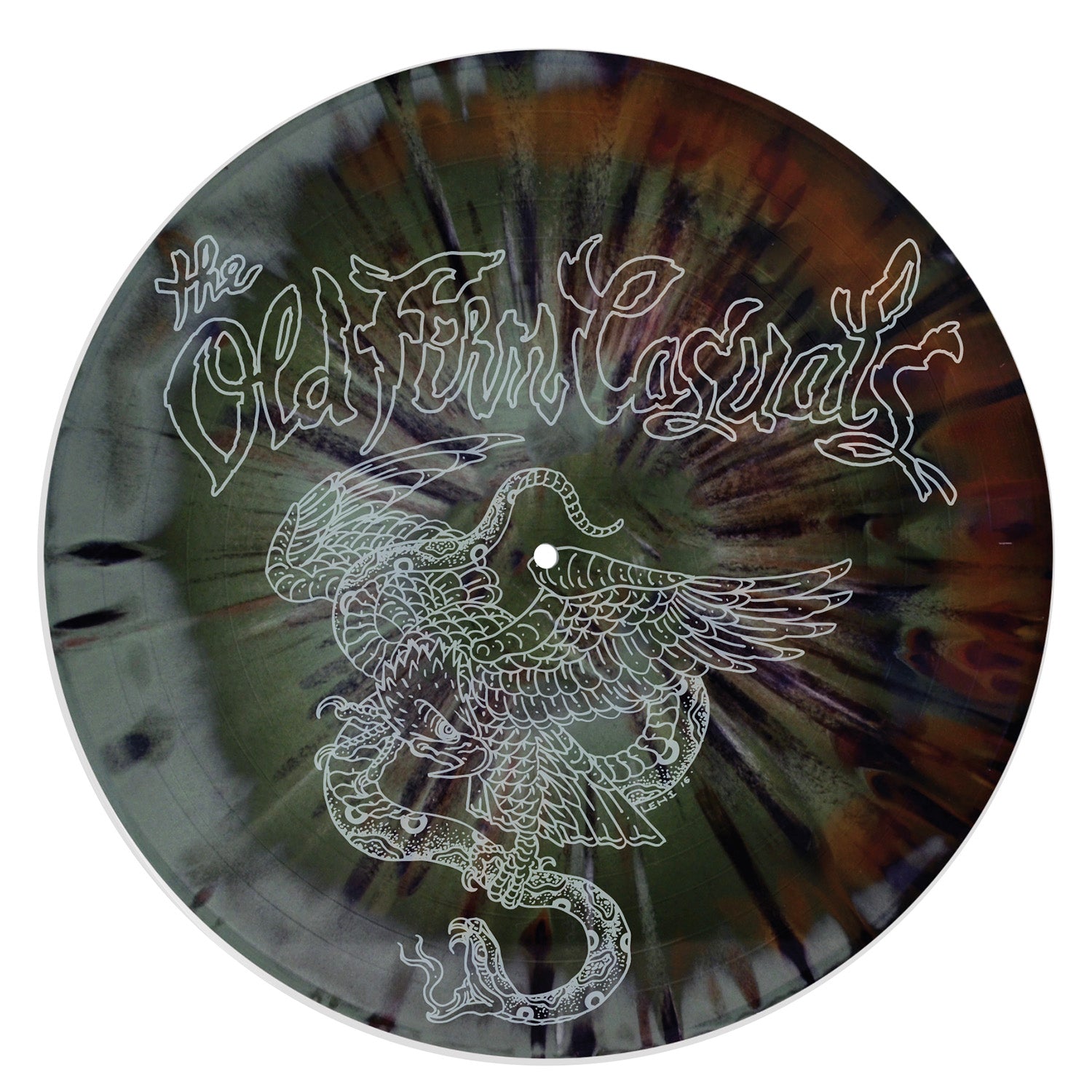 A 12" vinyl from The Old Firm Casuals features a swirling brown, green, and black marble pattern, a white illustrated snake wrapped around a winged creature, and silver silkscreened text at the top.