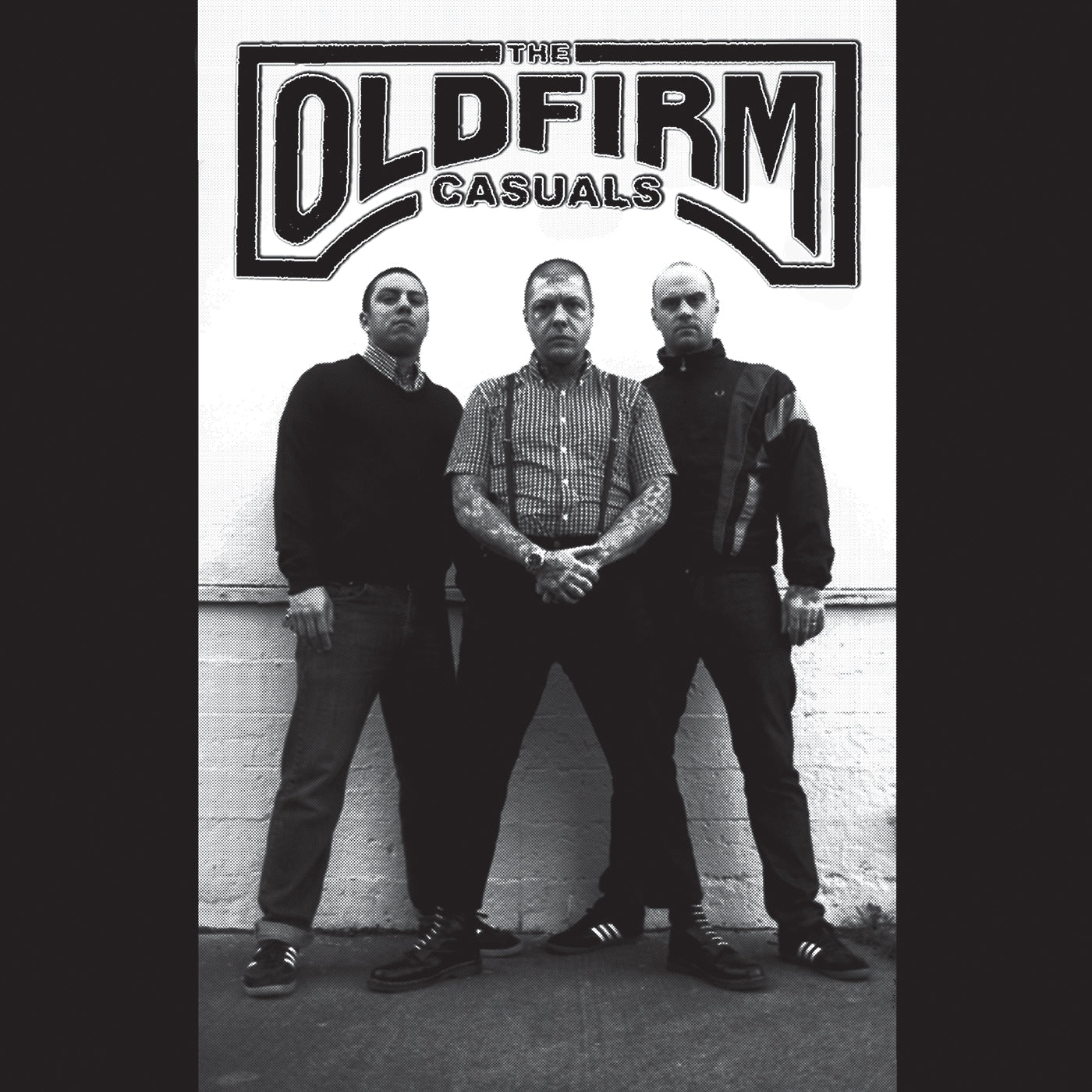 Three men face the camera beneath a bold The Old Firm Casuals logo, their tattoos, checkered shirts, and streetwear exuding an oi! streetpunk vibe in this striking black-and-white scene.