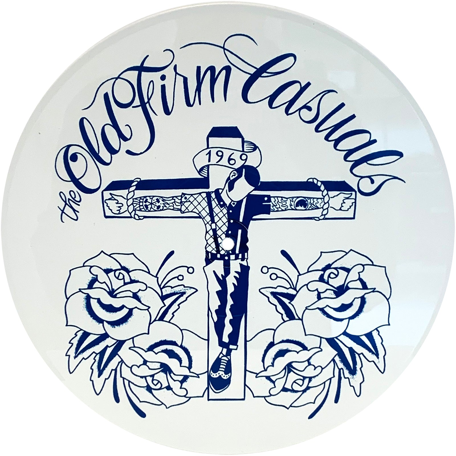 A circular ultra clear vinyl from The Old Firm Casuals features blue line art: their name, a casual-clad figure on a cross marked “1969,” and roses on white—an ideal pick for any oi! streetpunk fan.