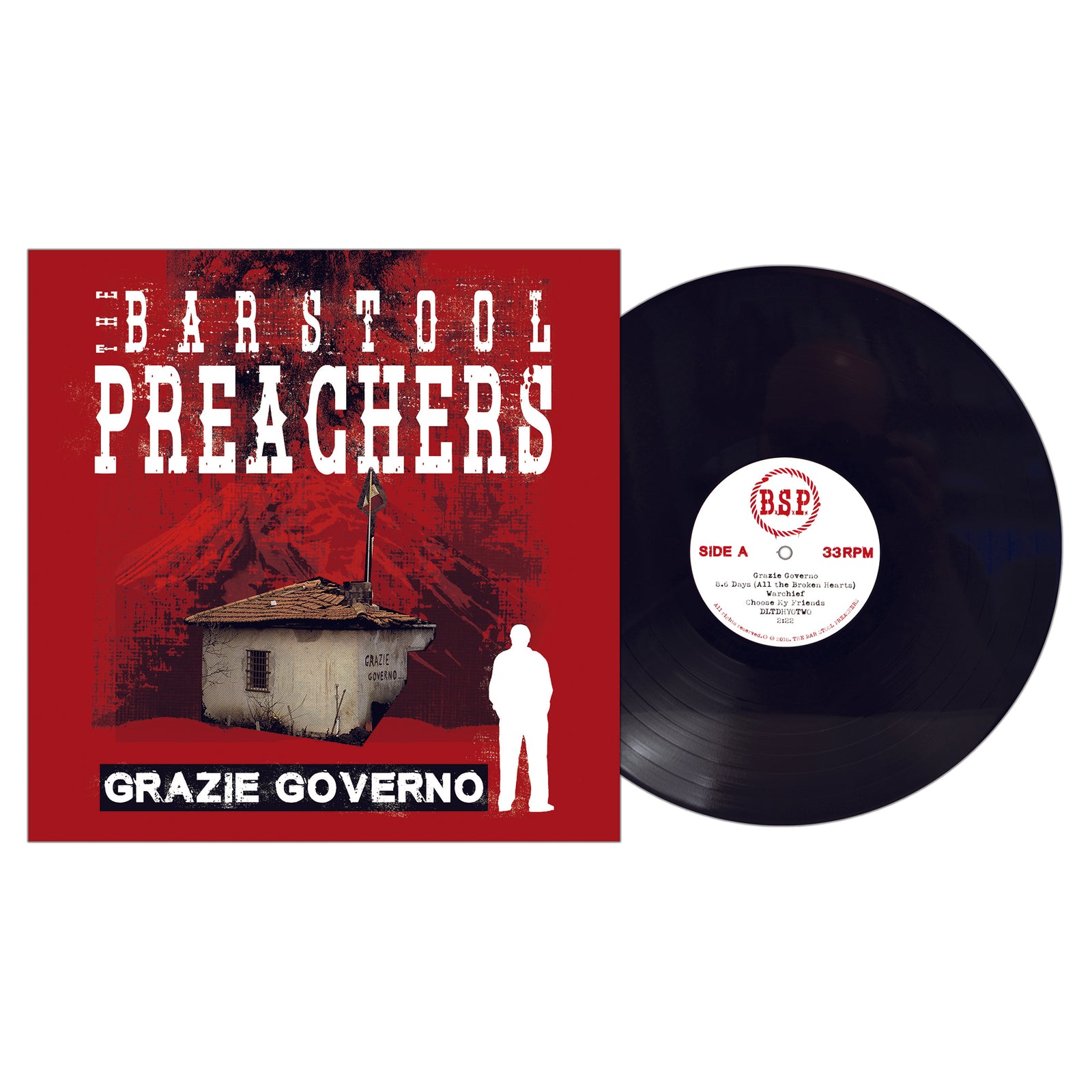 A colored vinyl record sits beside its red album cover, featuring The Bar Stool Preachers and "Grazie Governo" in text. The punk cover displays a silhouetted figure and small house behind a barbed wire fence.