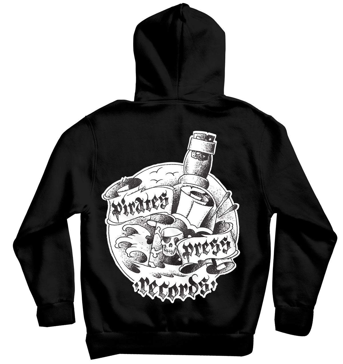 Black pullover hoodie by Pirates Press Records with a bold white graphic on the back—skull, vinyl record, and audio gear. Features “Pirates Press Records” in a stylized font and an embroidered One Family One Flag patch.