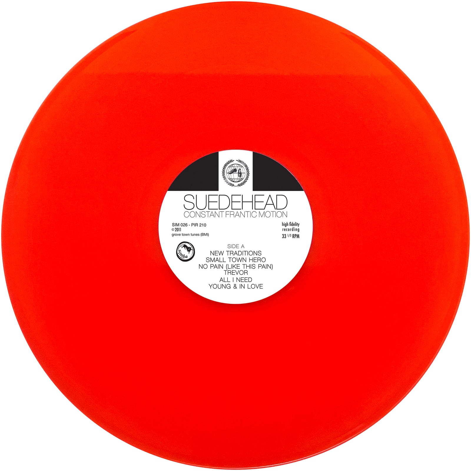 A bright red vinyl record with a central white label that reads "Suedehead - Constant Frantic Motion" and displays song titles and other details in black text, this vibrant release from Suedehead captures the raw energy and passion of Northern Soul punks—an energetic addition to the band’s discography.