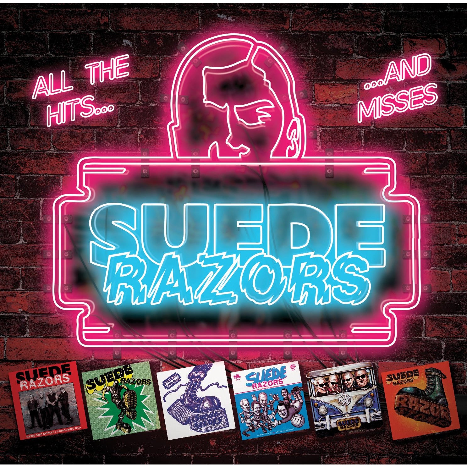 A neon sign on a brick wall glows All the hits... and misses and Suede Razors. Below, six vibrant album covers from Suede Razors are displayed side by side, showcasing the bold, edgy vibe of punk and glam rock.