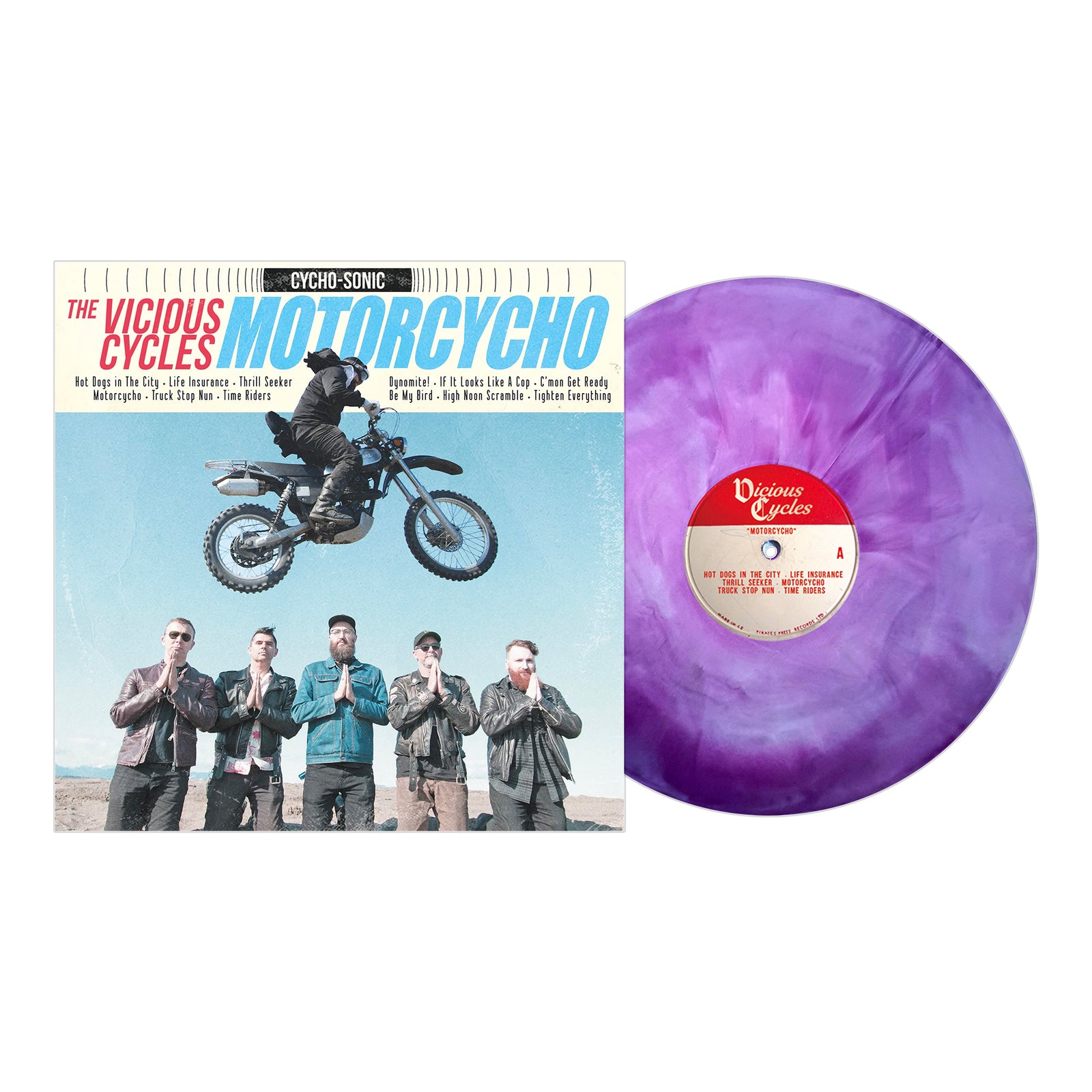 Album cover for Motorcycho by The Vicious Cycles features a punk rider soaring over five kneeling people, exuding motorcycle rock energy. A striking splatter vinyl record stands out beside the bold, dynamic artwork.
