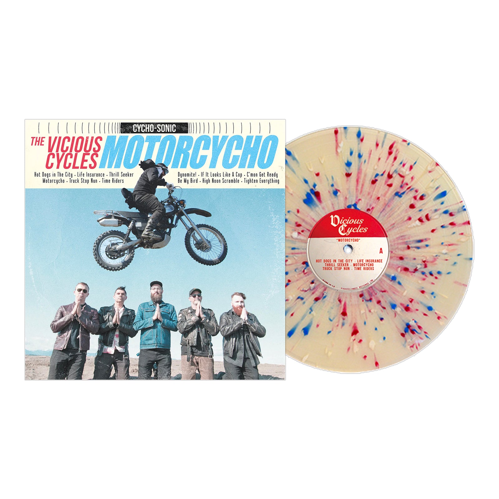 A clear vinyl with red and blue splatter from The Vicious Cycles sits beside its Motorcycho album cover, showing a punk rider on a motorcycle leaping over five praying people.