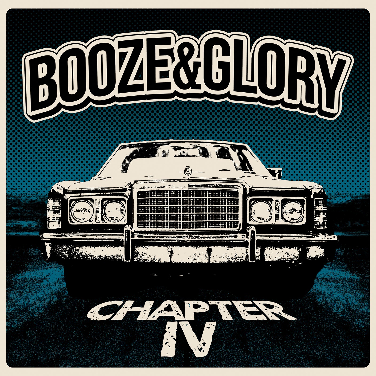 A vintage car fronts the Booze & Glory logo, with CHAPTER IV bold in white on a blue dotted background—ideal for punk anthem fans and colored vinyl collectors.