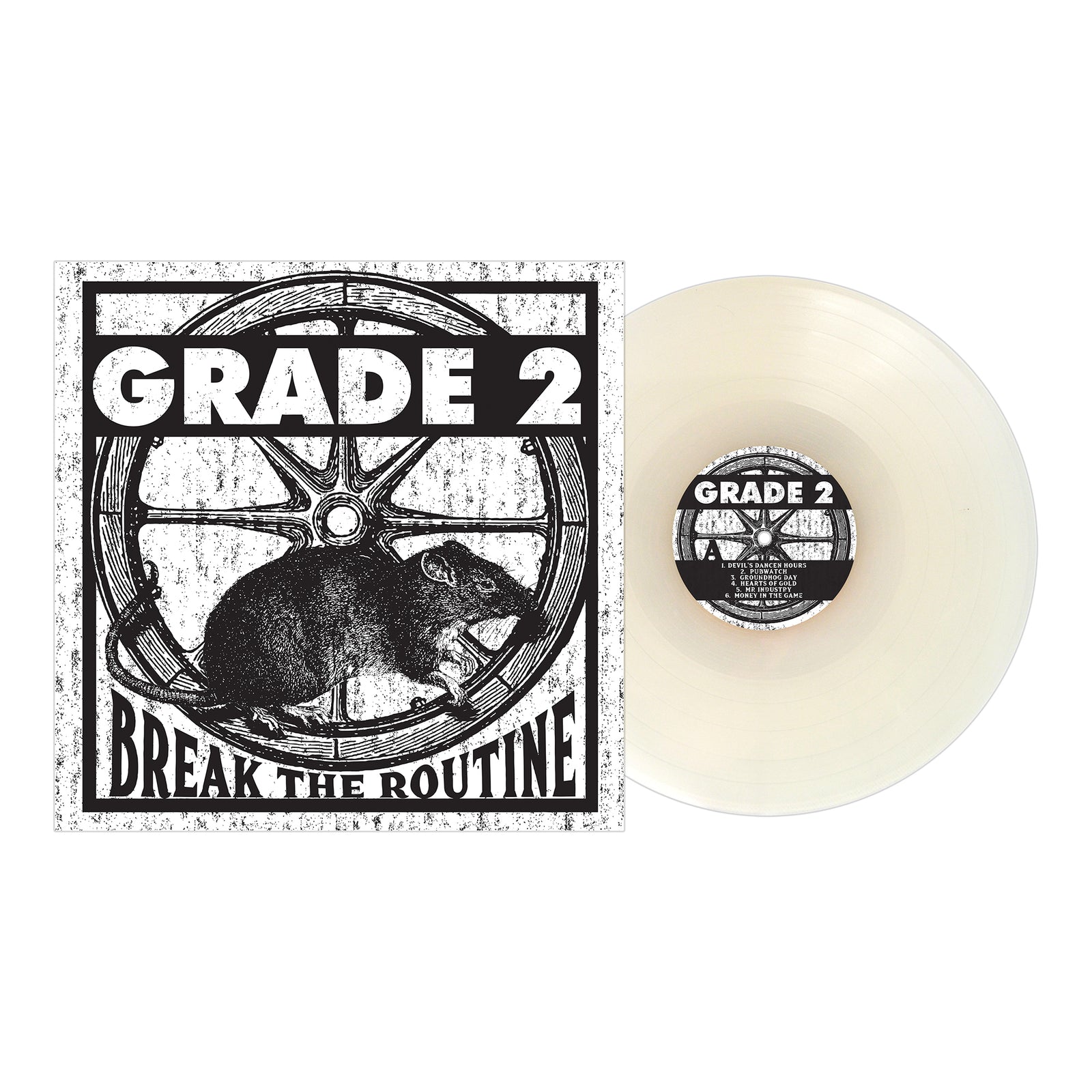 A translucent white vinyl record from Grade 2 with a cover showing a rat in a wheel and bold black GRADE 2 and Break the Routine text—a must-have for punk rock collectors.