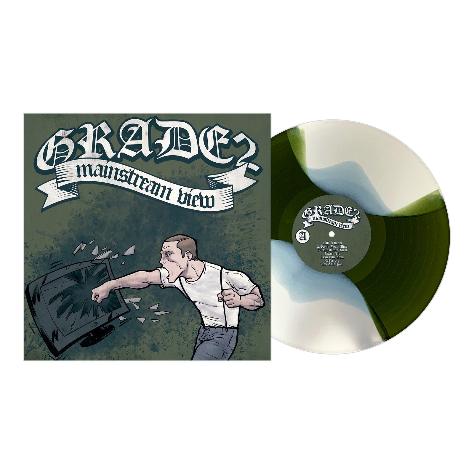 Grade 2’s "Mainstream View" album cover shows a man smashing a TV; the white vinyl with green swirl patterns and Oi! streetpunk energy makes this Grade 2 release truly unique.