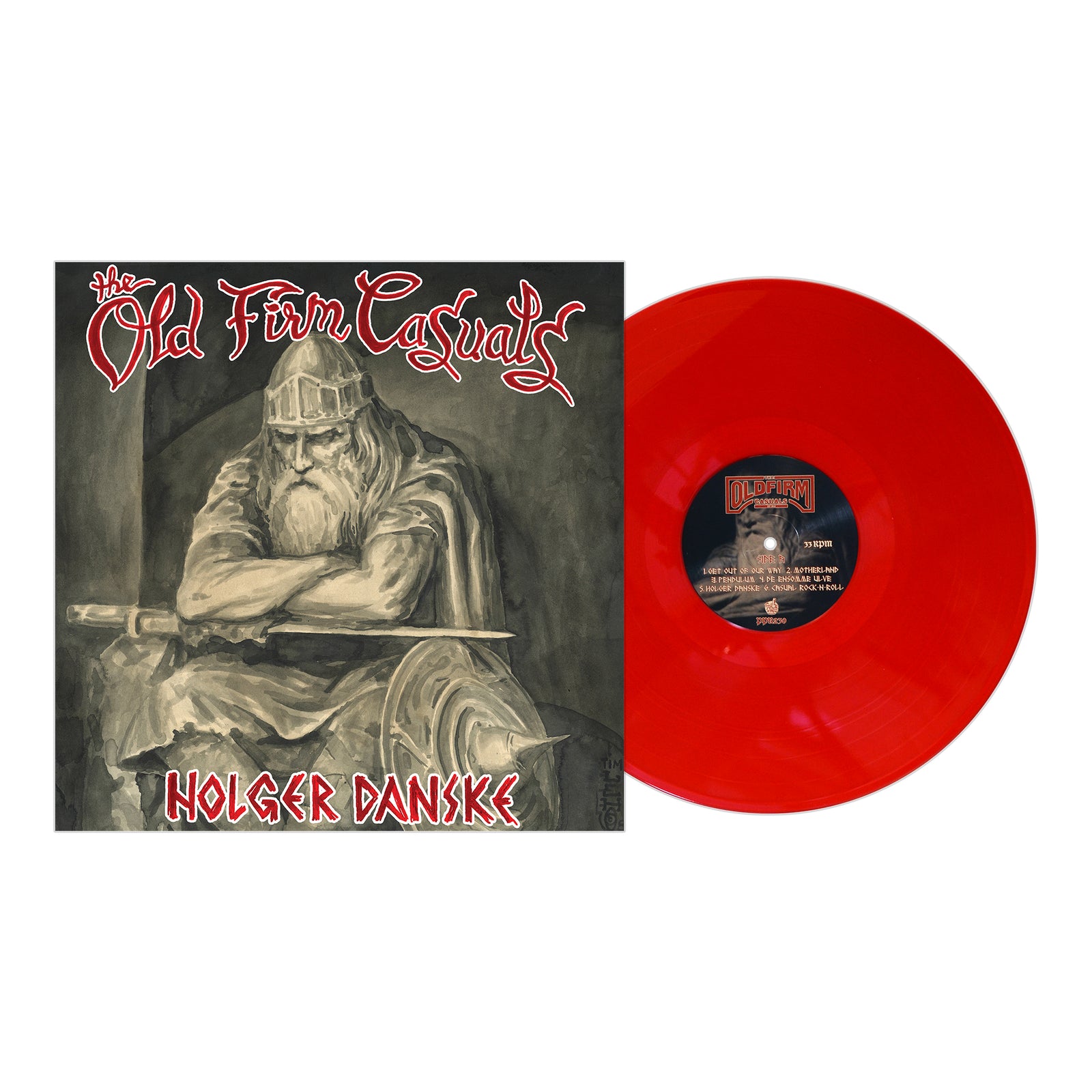 A red vinyl record by The Old Firm Casuals rests beside its album cover, which features a stern, armored man with crossed arms and the title Holger Danske.