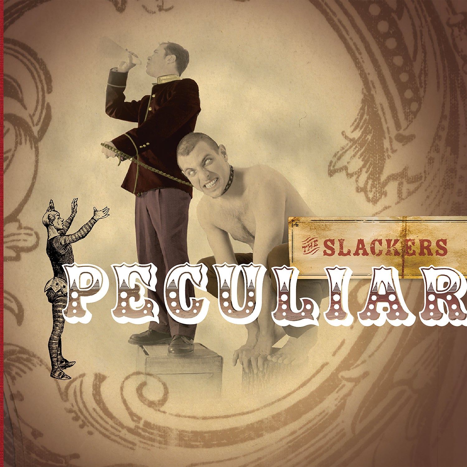 Vintage-style album cover for The Slackers: a uniformed man drinks from a bottle atop a pedestal beside a grinning, collared man, with ornate patterns reflecting their roots-reggae-ska fusion in the background.