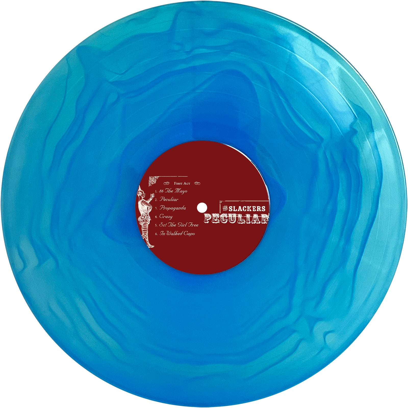 A translucent blue marbled vinyl of The Slackers Peculiar album, featuring a swirling red center label with white text. This collectible showcases The Slackers signature roots-reggae-ska fusion.