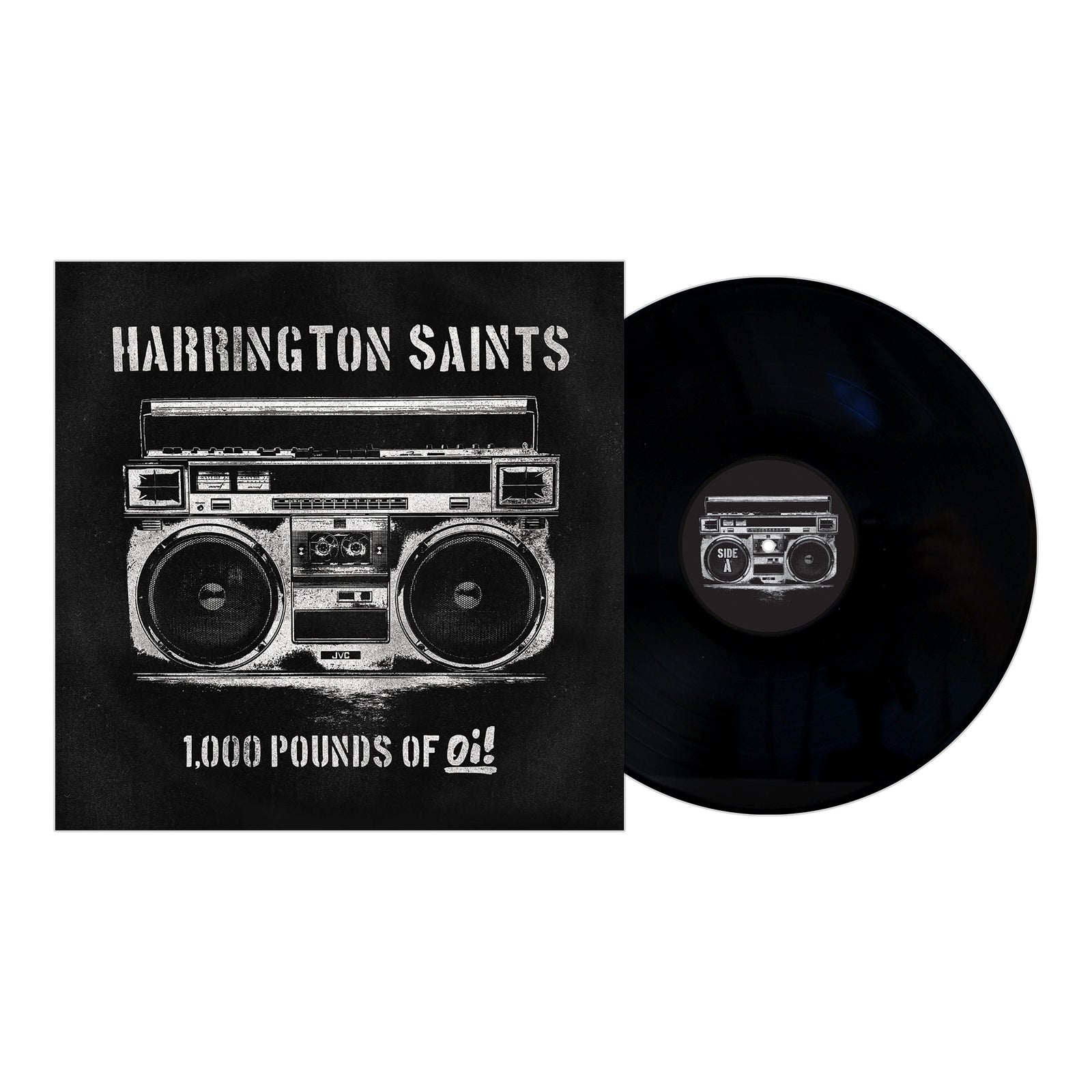 A vinyl record and cover for "1,000 Pounds of Oi!" by Harrington Saints. The cover shows a bold black-and-white boombox illustration on a dark background with distressed text.