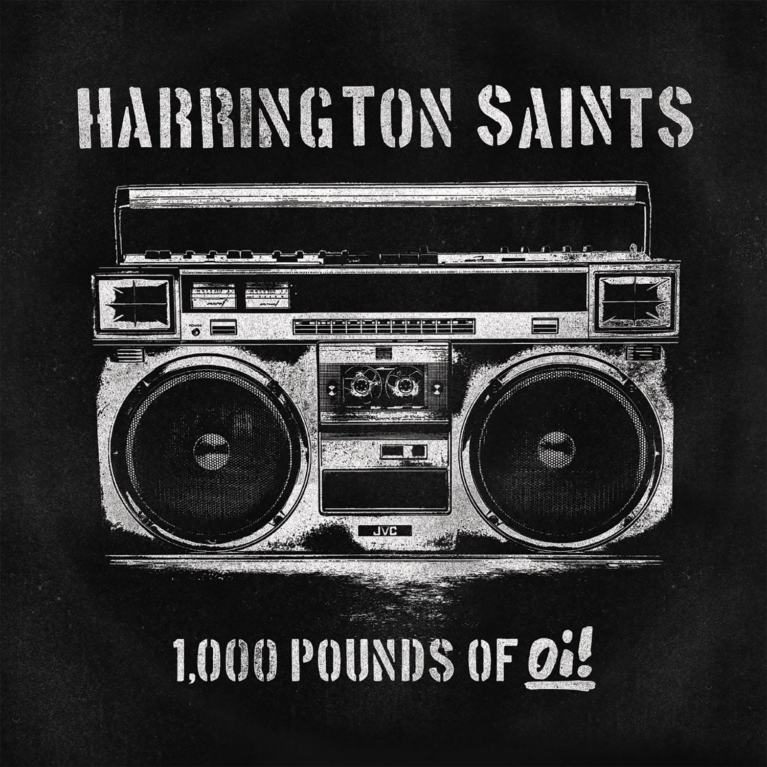 A black and white graphic of a vintage boombox features the Harrington Saints brand above and "1,000 Pounds of Oi!" below, celebrating Bay Area streetpunk on a dark background.