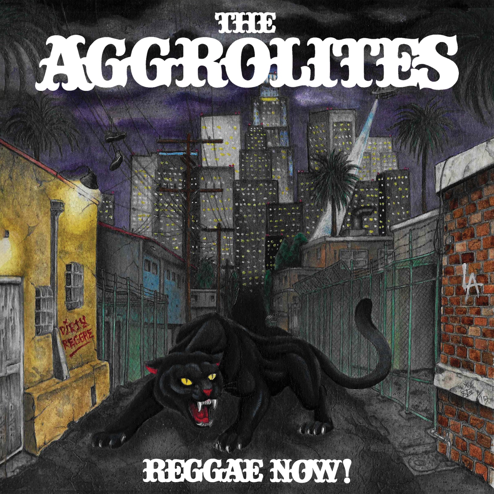 An illustrated album cover features a fierce black panther prowling a dark city alley at night with palm trees, barbed wire fences, skyscrapers, and large white text reading “The Aggrolites” and “Reggae Now!”. Brand: The Aggrolites.