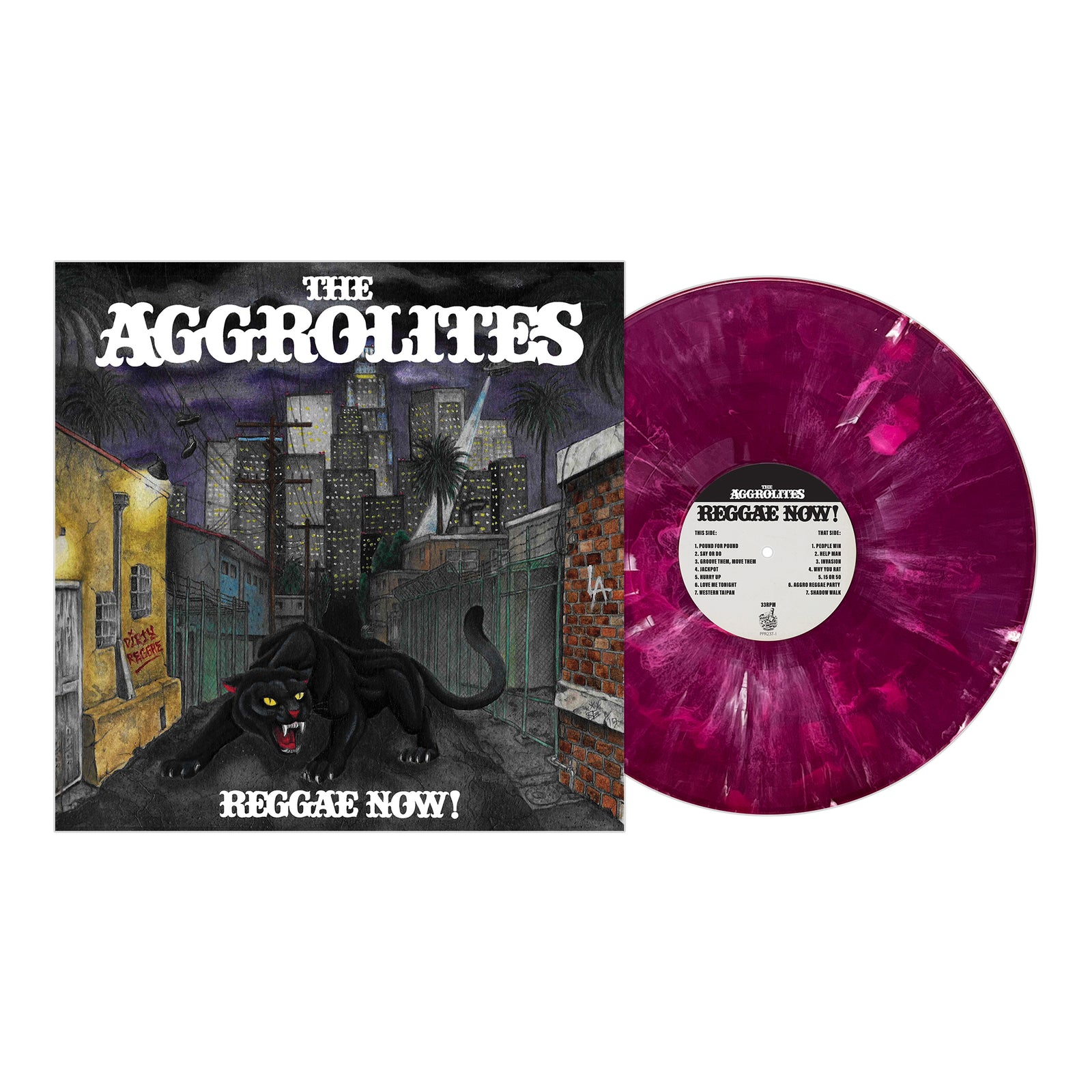 The Aggrolites “Reggae Now!” album features a black panther in a city alley at night on the cover, with a purple and white marbled vinyl record.