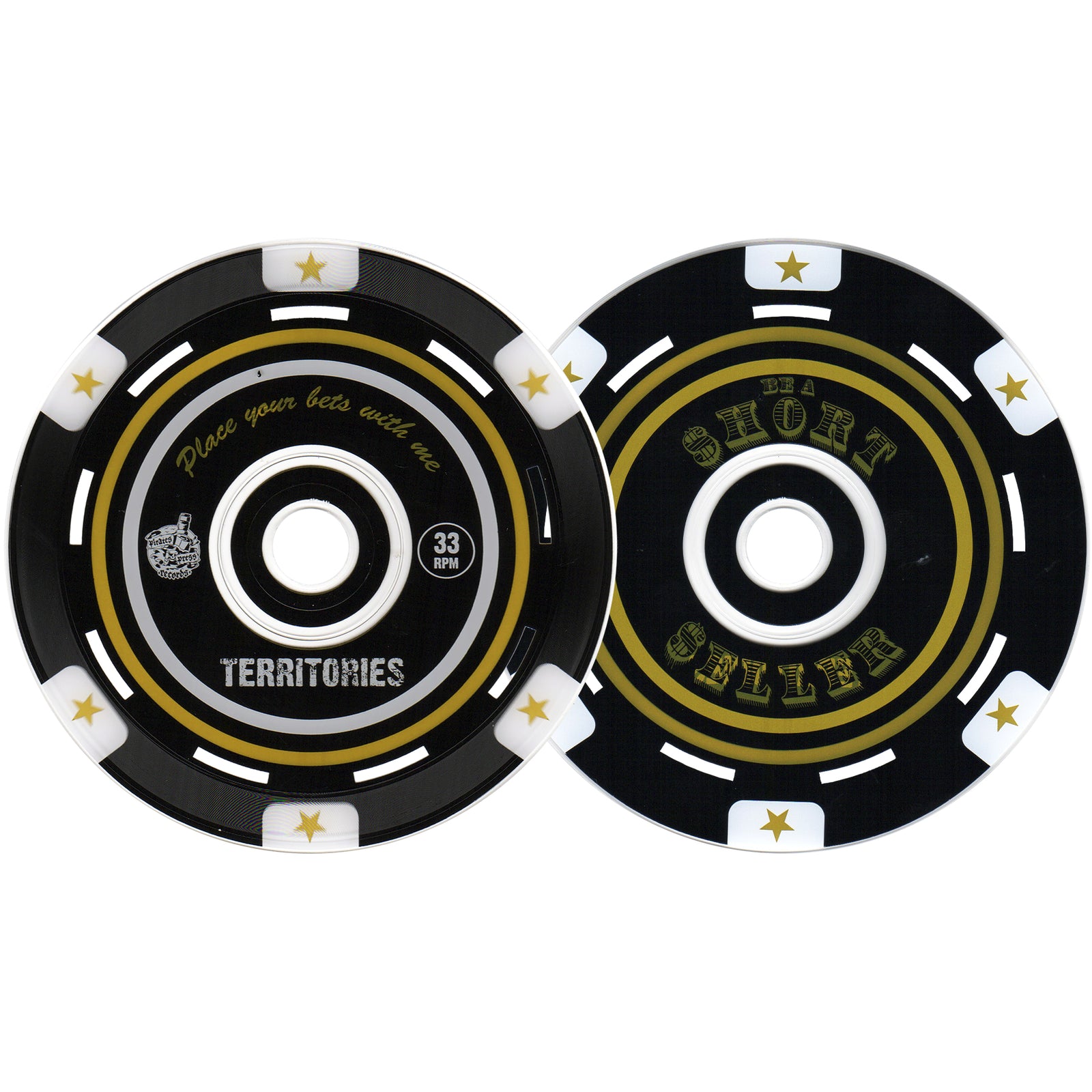Two CD records by Territories, designed as black poker chips with white and gold accents: one reads Place your bets with me TERRITORIES, the other THE SHORT SELLER, both featuring star decorations around the edges.