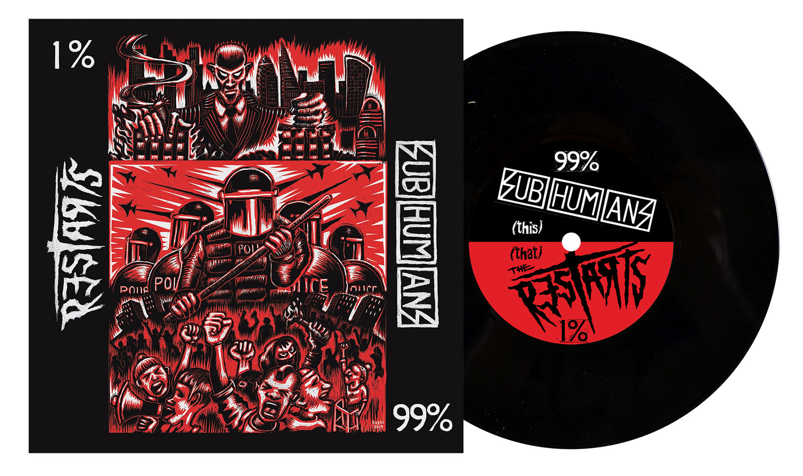 The UK Anarcho-Punk split 7” from Pirates Press Records features police confronting protestors on the cover, a looming suited figure over a city, and vinyl labels with “Resistants,” “Subhumans,” “this!,” “that!,” plus “99%” & “1%” symbols.