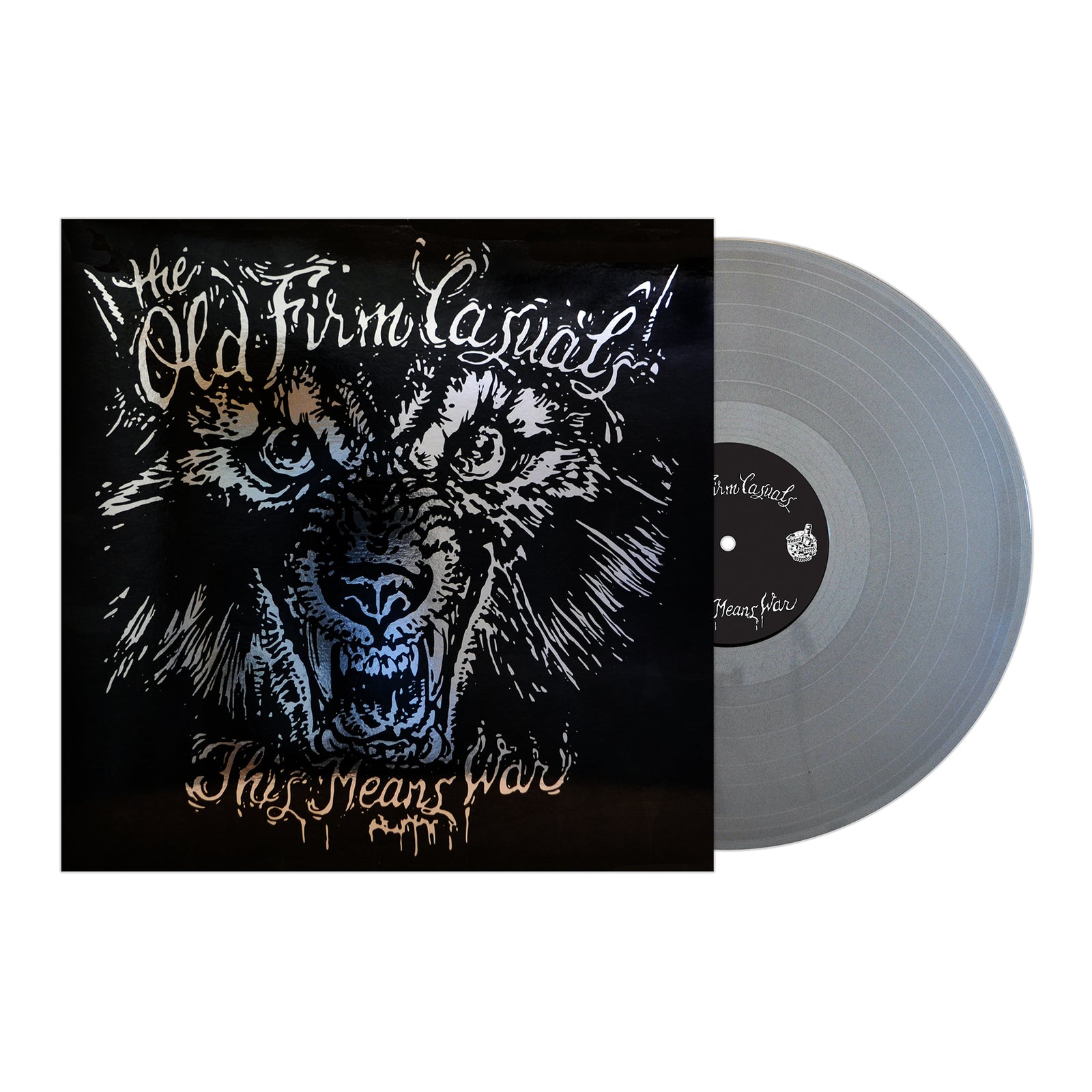 A gray vinyl record by The Old Firm Casuals sits beside its illustrated wolf cover with the album title This Means War—a must-have collector’s item for streetpunk Oi! fans.