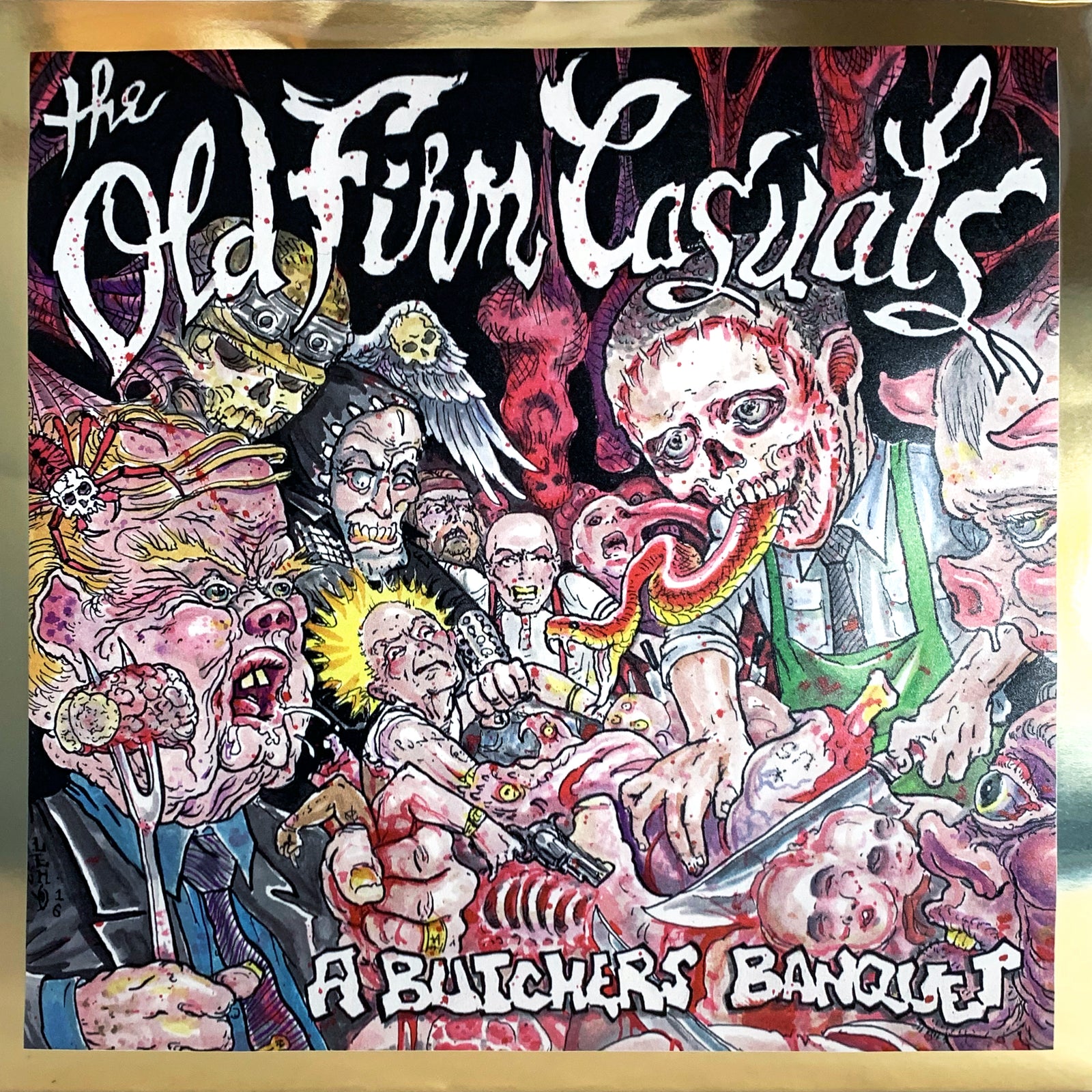 Cartoon-style collectible album cover for The Old Firm Casuals: A Butcher’s Banquet, showing grotesque, zombie-like figures at a bloody feast. This chaotic scene pops on exclusive vinyl with the bold title at top and bottom.