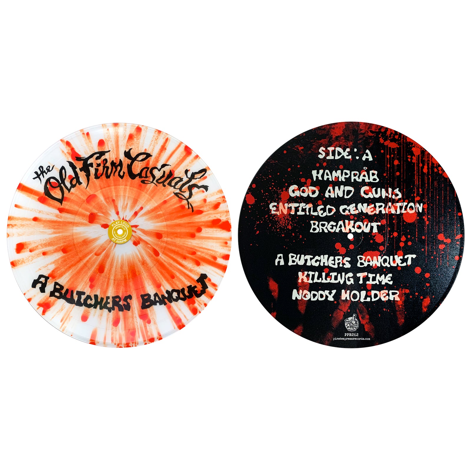 This collectible album by The Old Firm Casuals includes two circular vinyl records: the left is an orange and red splatter picture disc with “The Old Firm Casuals” and “A Butchers Banquet,” while the right shows the tracklist on a black, red, and white splatter.
