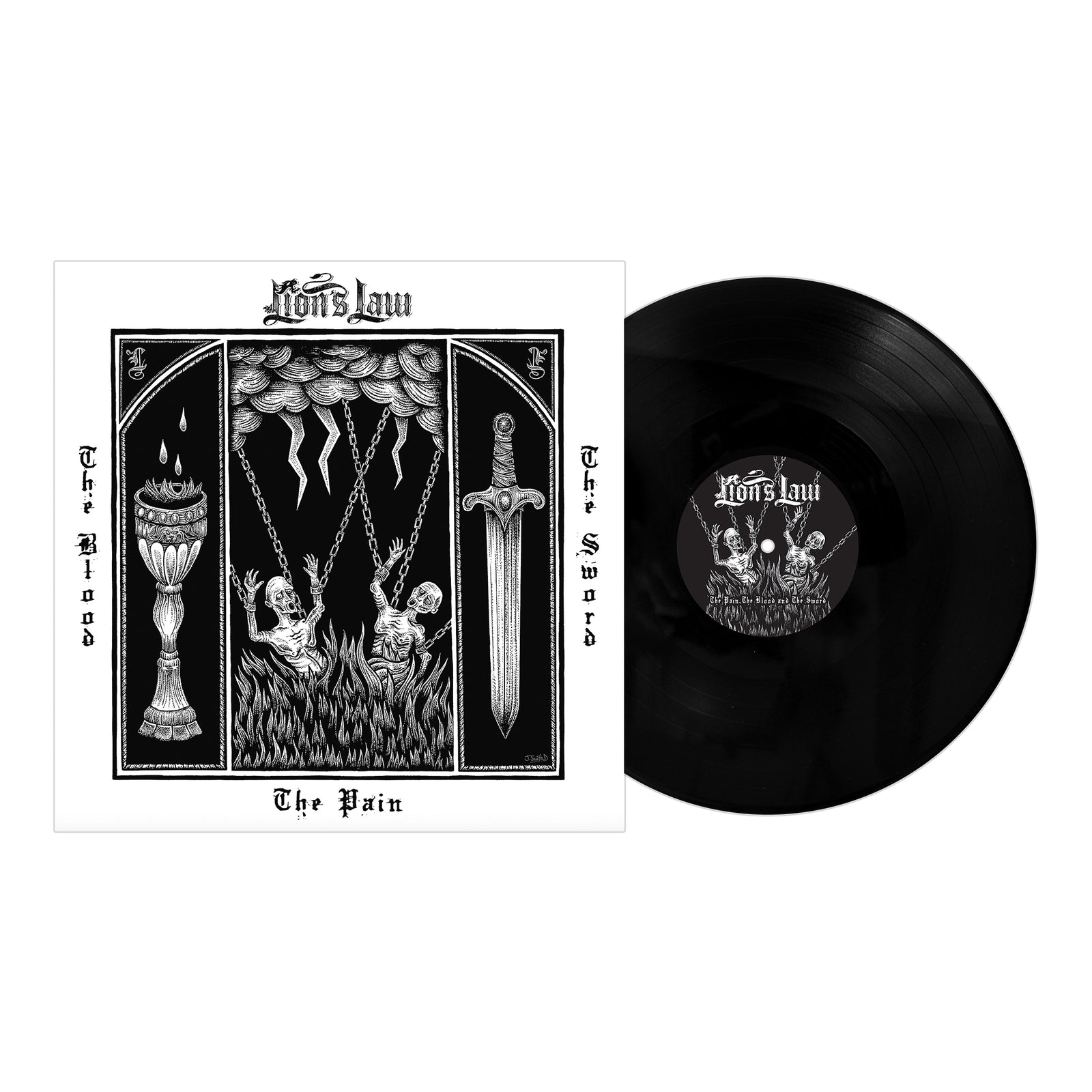 Lions Law album cover and vinyl for The Pain, The Blood, The Sword features black-and-white punk rock art of two figures reaching for chains, a chalice, and a sword, with gothic border text.